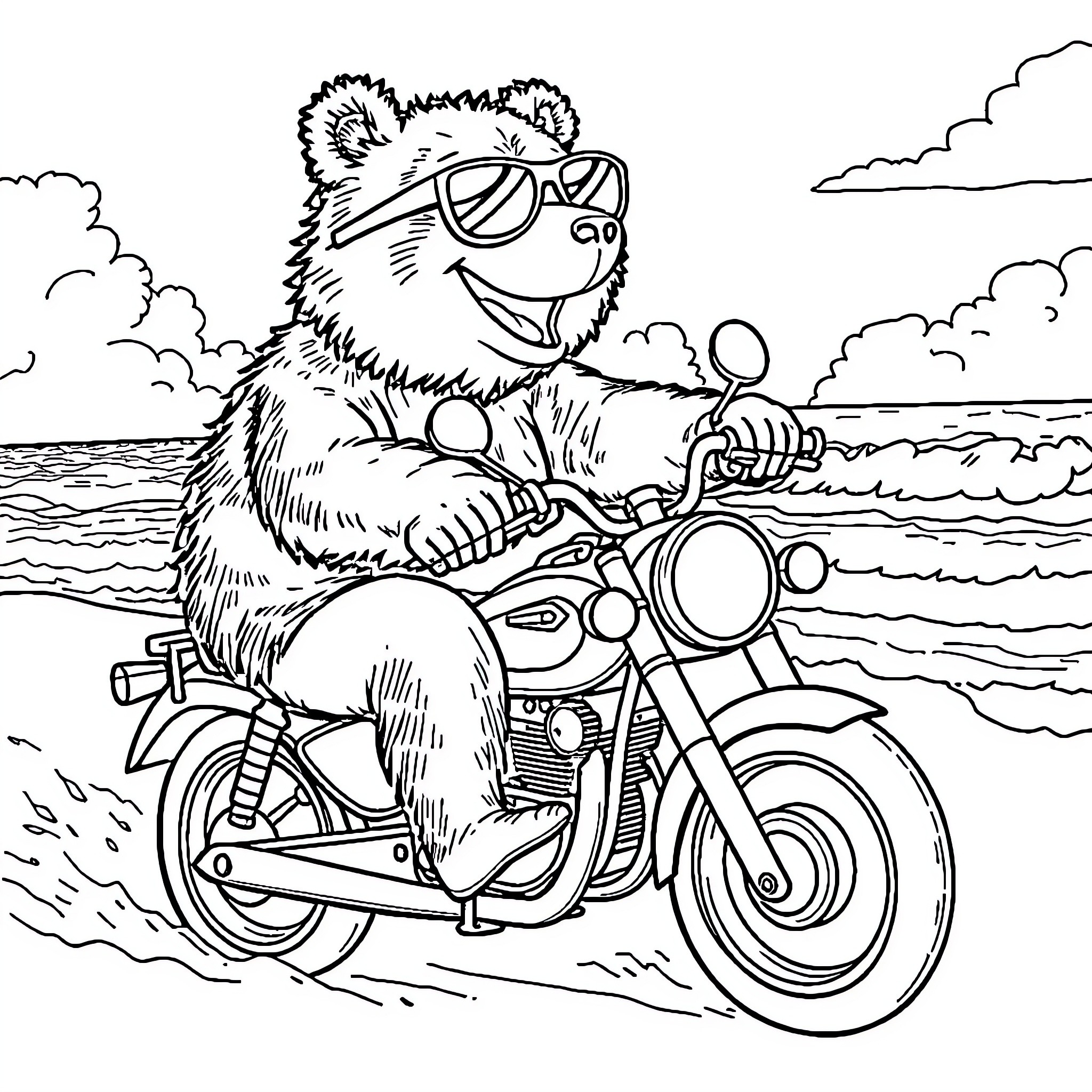Bear riding motorcycle along the coast Coloring Page (free black-and-white line drawing printable PDF for all, from beginners to advanced learners, including children, teens, adults, and seniors)
