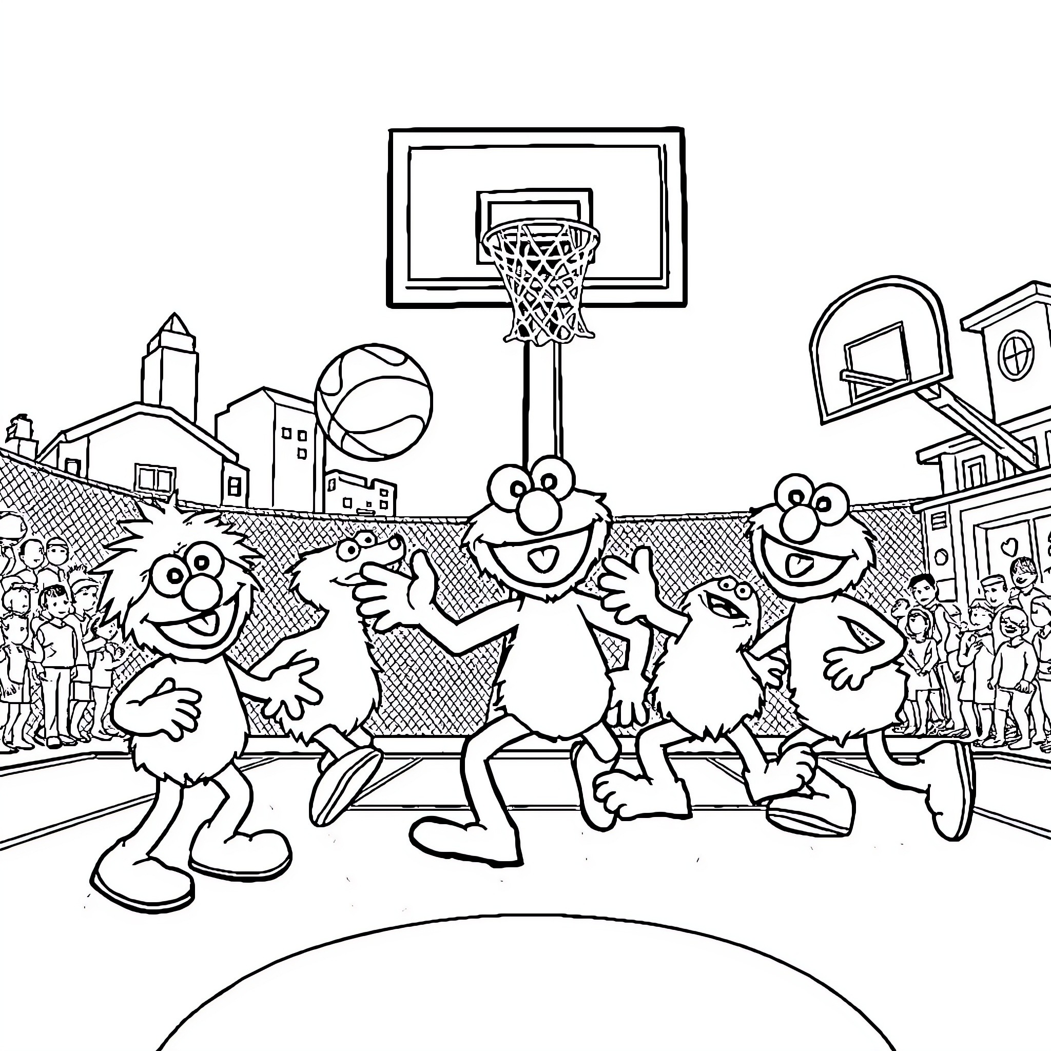 Basketball game with cheerful characters Coloring Page (free black-and-white line drawing printable PDF for all, from beginners to advanced learners, including children, teens, adults, and seniors)
