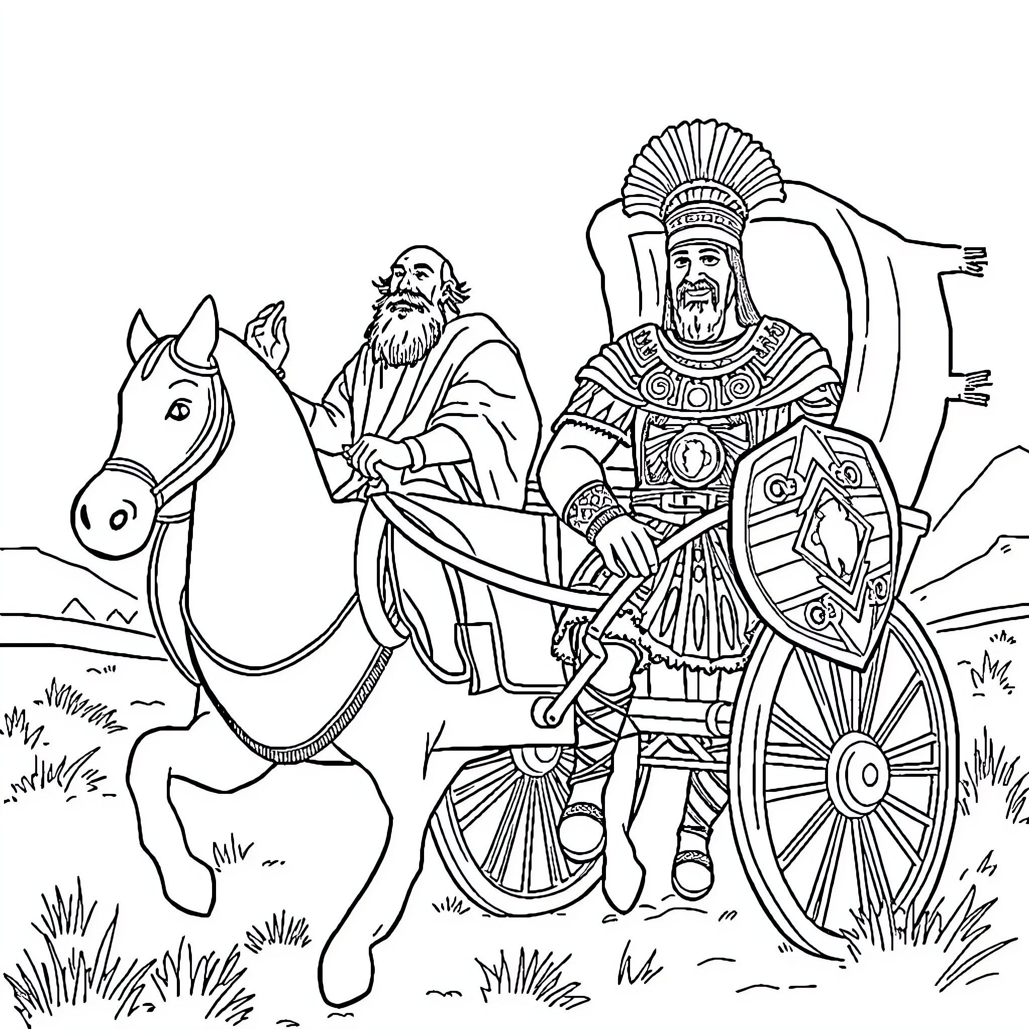 Chariot Riders in Ancient Attire Coloring Page (free black-and-white line drawing printable PDF for all, from beginners to advanced learners, including children, teens, adults, and seniors)