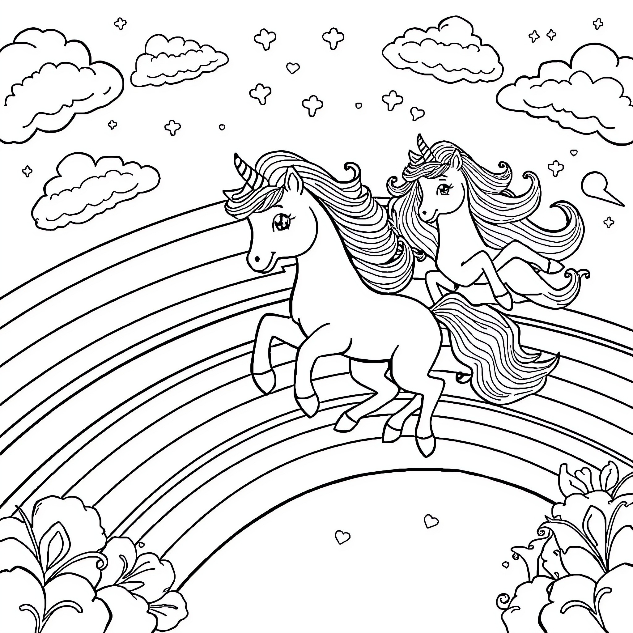 Unicorns dancing in the starry night sky Coloring Page (free black-and-white line drawing printable PDF for all, from beginners to advanced learners, including children, teens, adults, and seniors)