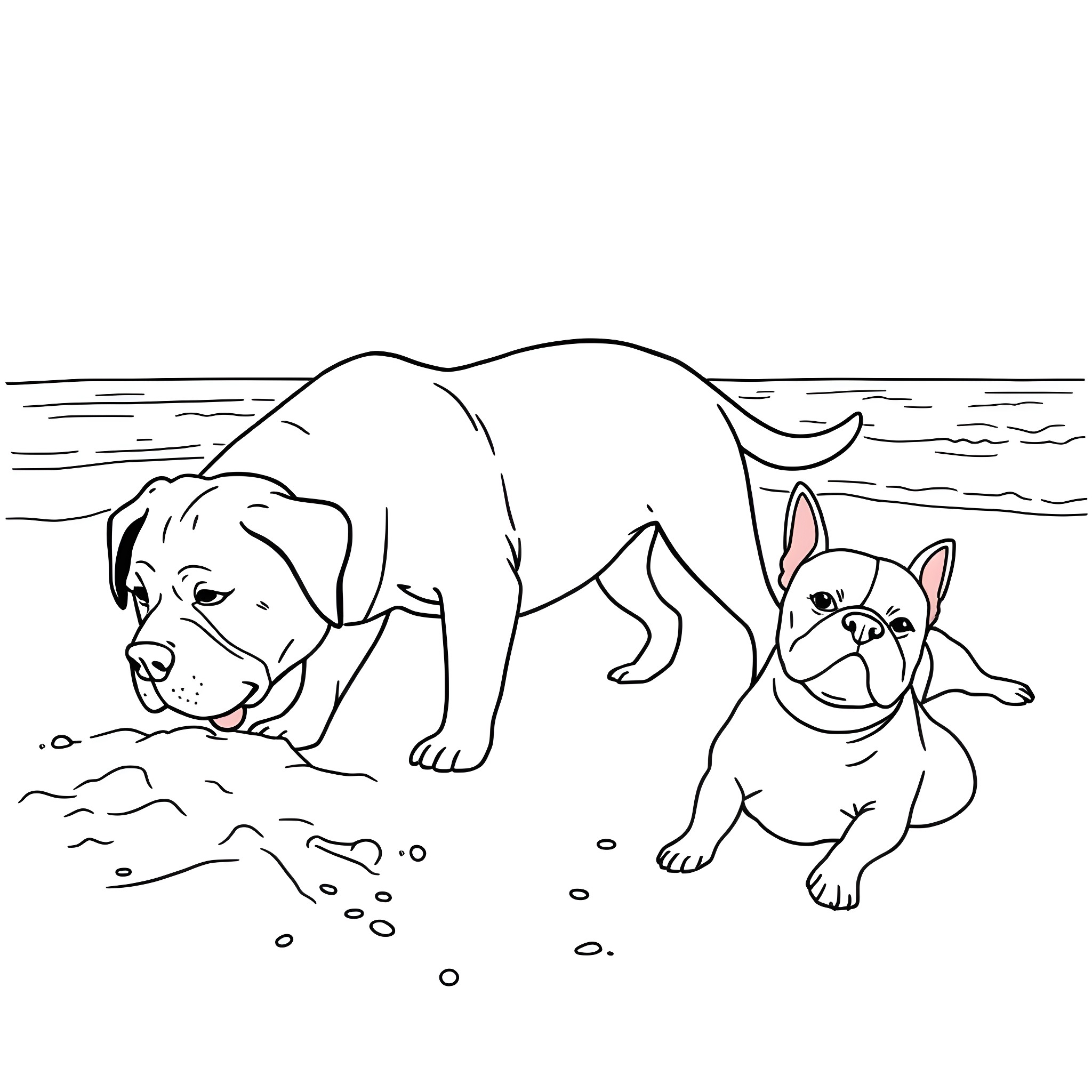 Dog friends playing on the beach Coloring Page (free black-and-white line drawing printable PDF for all, from beginners to advanced learners, including children, teens, adults, and seniors)