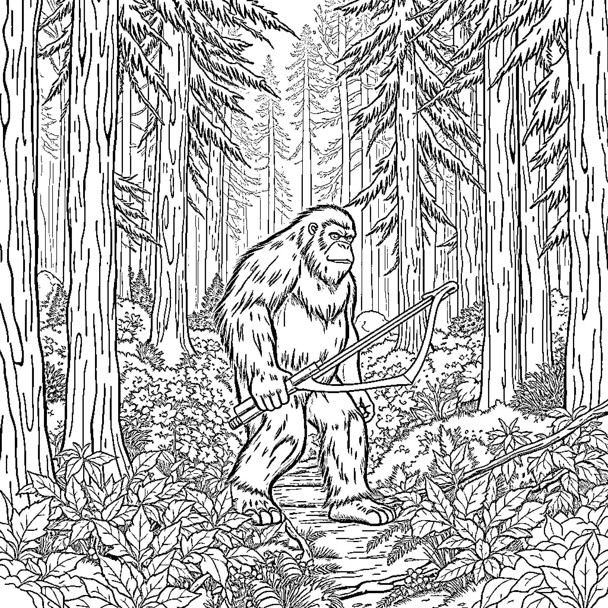Bigfoot searching through the forest Coloring Page (free black-and-white line drawing printable PDF for all, from beginners to advanced learners, including children, teens, adults, and seniors)