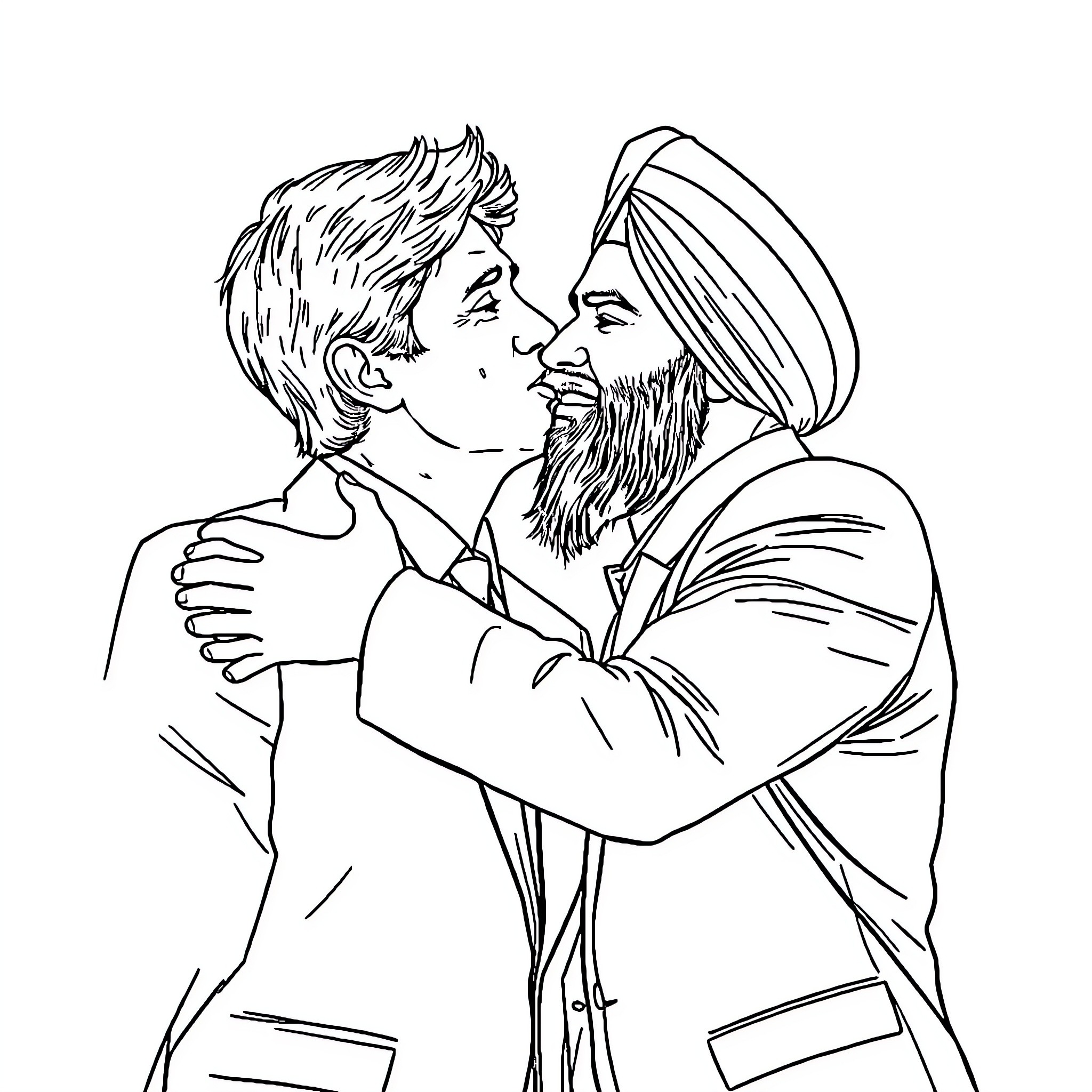 Justin Trudeau embracing a bearded individual Coloring Page (free black-and-white line drawing printable PDF for all, from beginners to advanced learners, including children, teens, adults, and seniors)