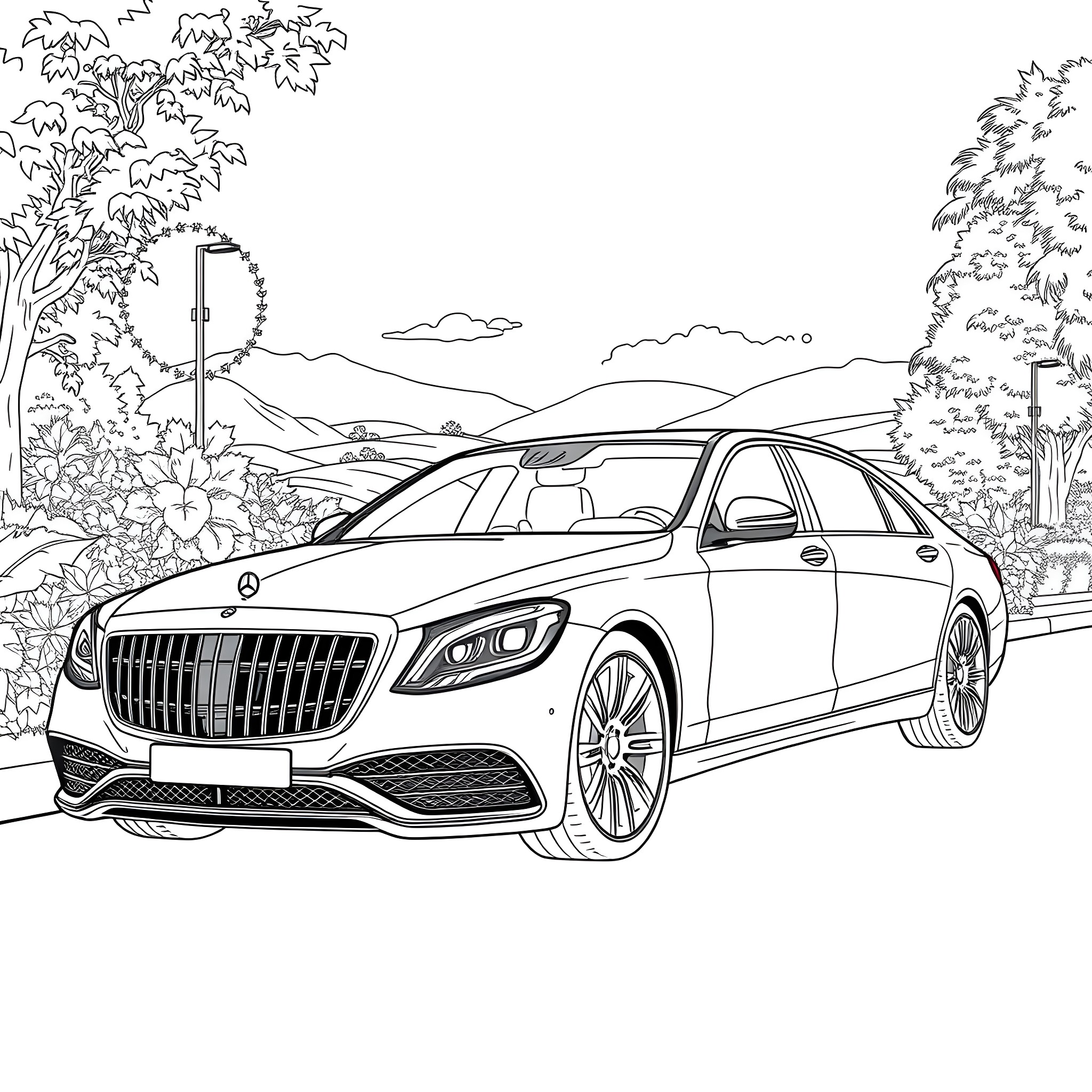 Mercedes luxury sedan in serene nature landscape Coloring Page (free black-and-white line drawing printable PDF for all, from beginners to advanced learners, including children, teens, adults, and seniors)