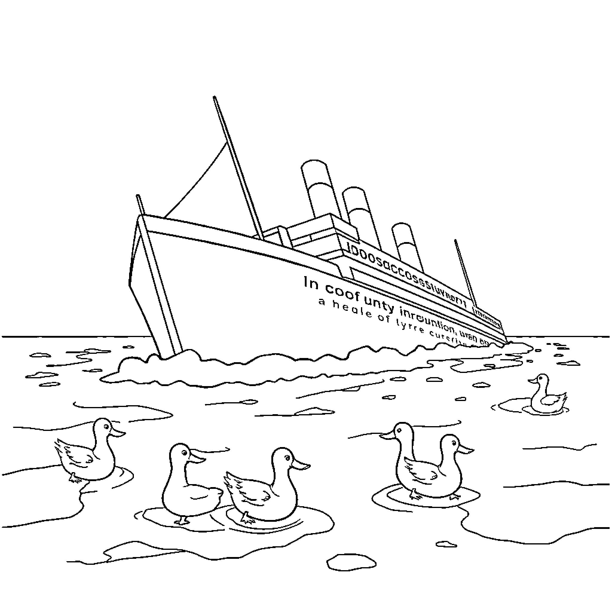 Duck sailing on a sinking ship in a pond Coloring Page (free black-and-white line drawing printable PDF for all, from beginners to advanced learners, including children, teens, adults, and seniors)
