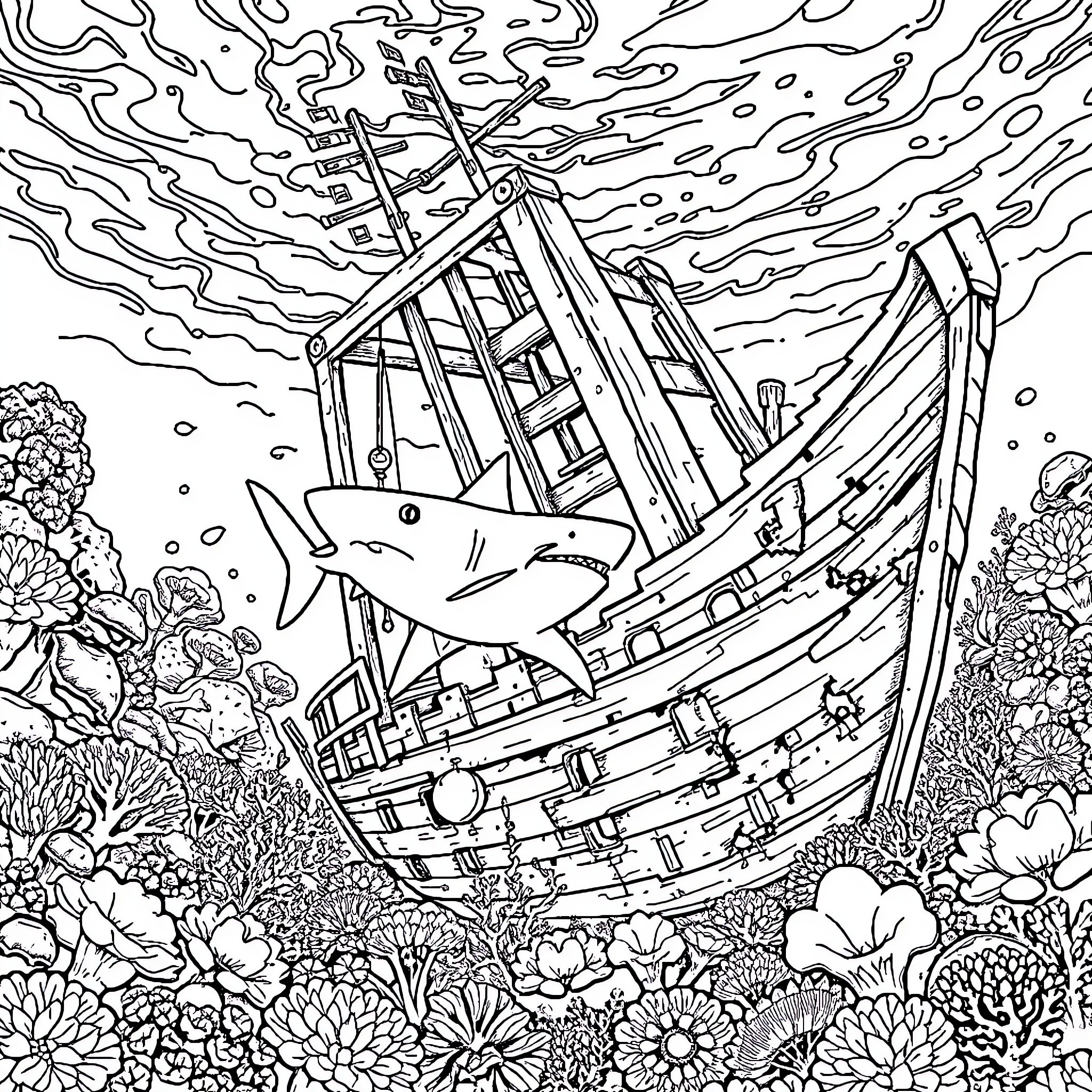 Shark-shaped shipwreck in the deep ocean Coloring Page (free black-and-white line drawing printable PDF for all, from beginners to advanced learners, including children, teens, adults, and seniors)