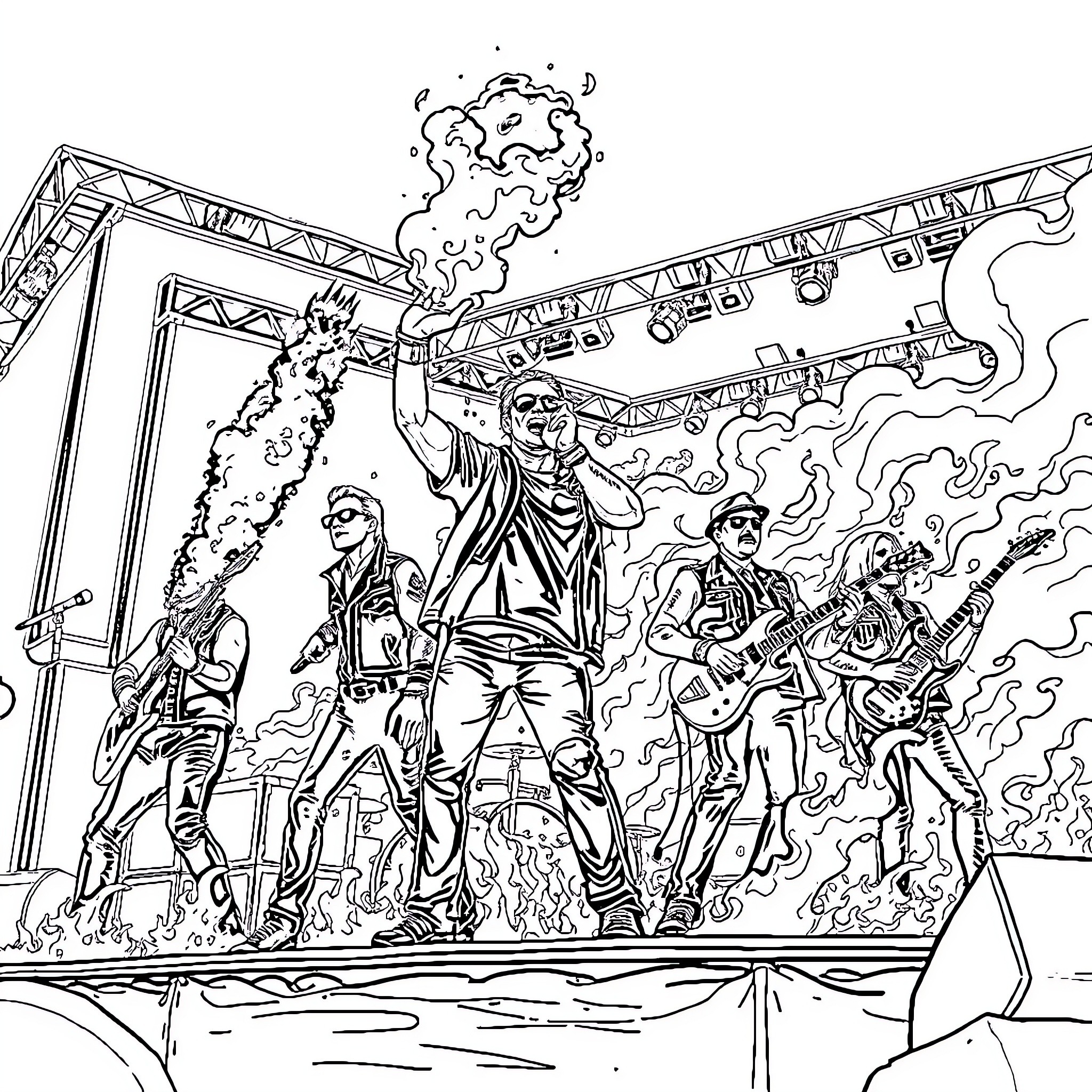 Rammstein performing on stage with dramatic effects Coloring Page (free black-and-white line drawing printable PDF for all, from beginners to advanced learners, including children, teens, adults, and seniors)