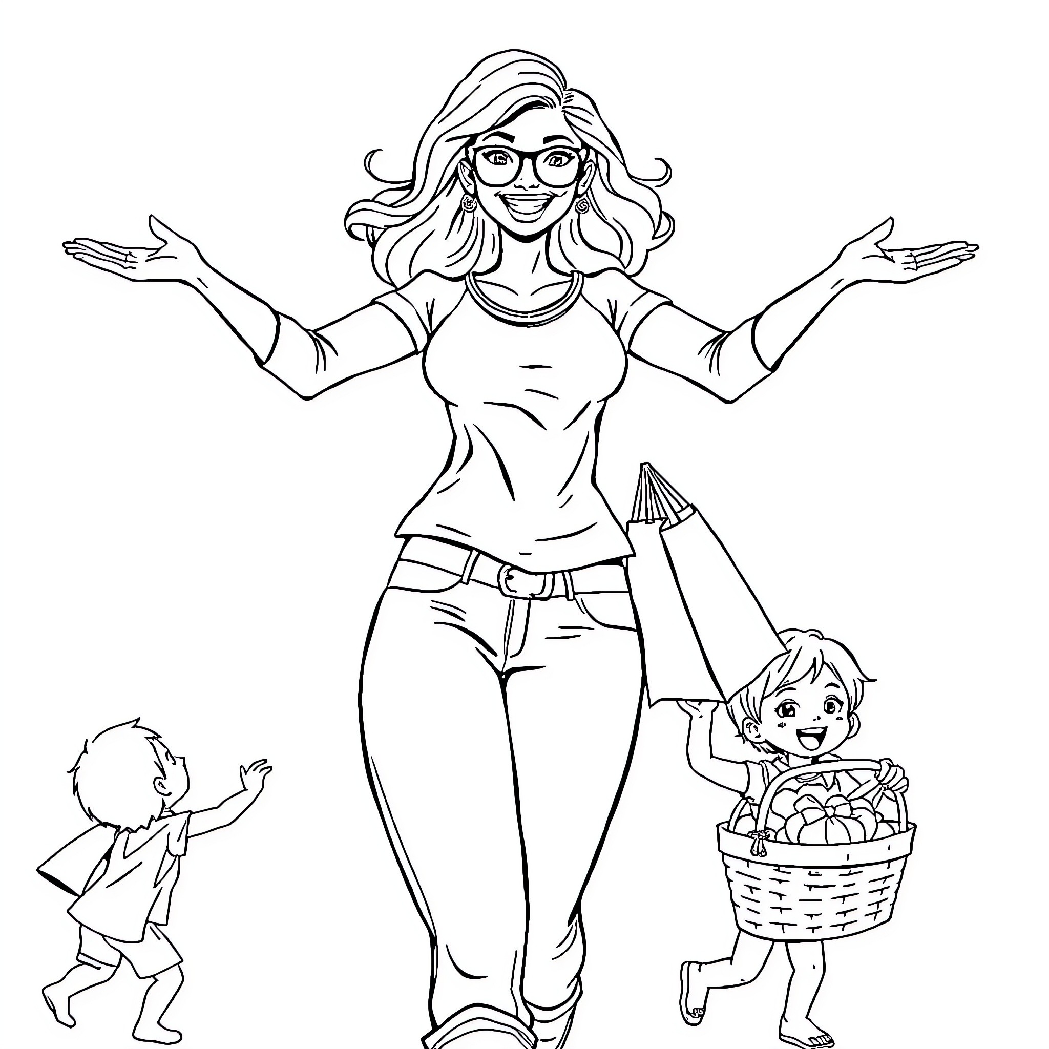Supermom enjoys time with her children Coloring Page (free black-and-white line drawing printable PDF for all, from beginners to advanced learners, including children, teens, adults, and seniors)