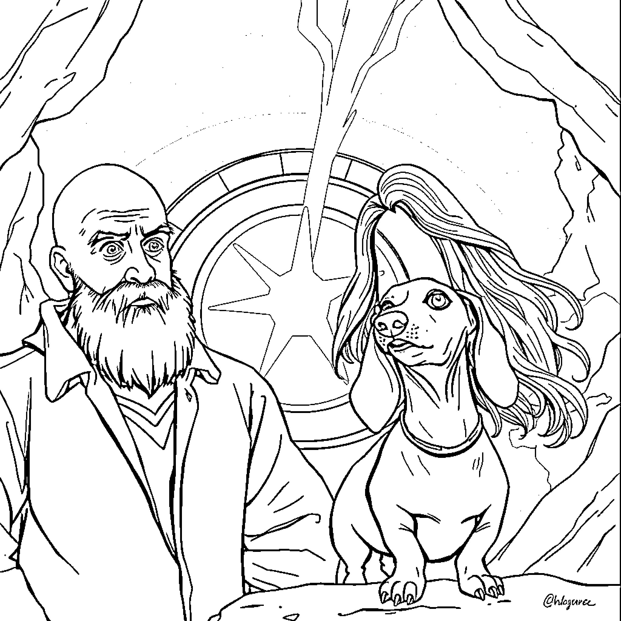 Man and companion animal exploring mysterious cave Coloring Page (free black-and-white line drawing printable PDF for all, from beginners to advanced learners, including children, teens, adults, and seniors)