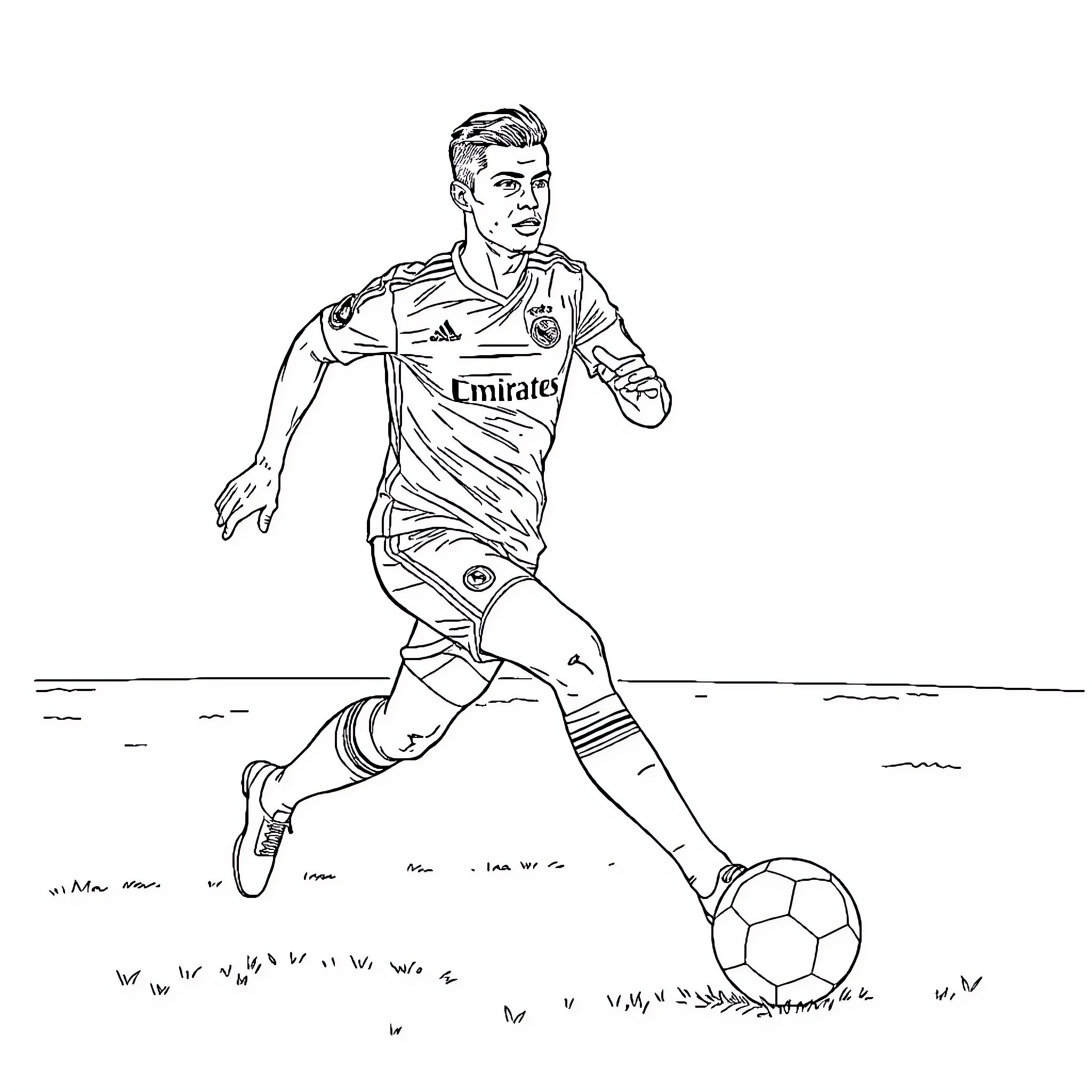 Ronaldo dribbling a soccer ball on the field Coloring Page (free black-and-white line drawing printable PDF for all, from beginners to advanced learners, including children, teens, adults, and seniors)