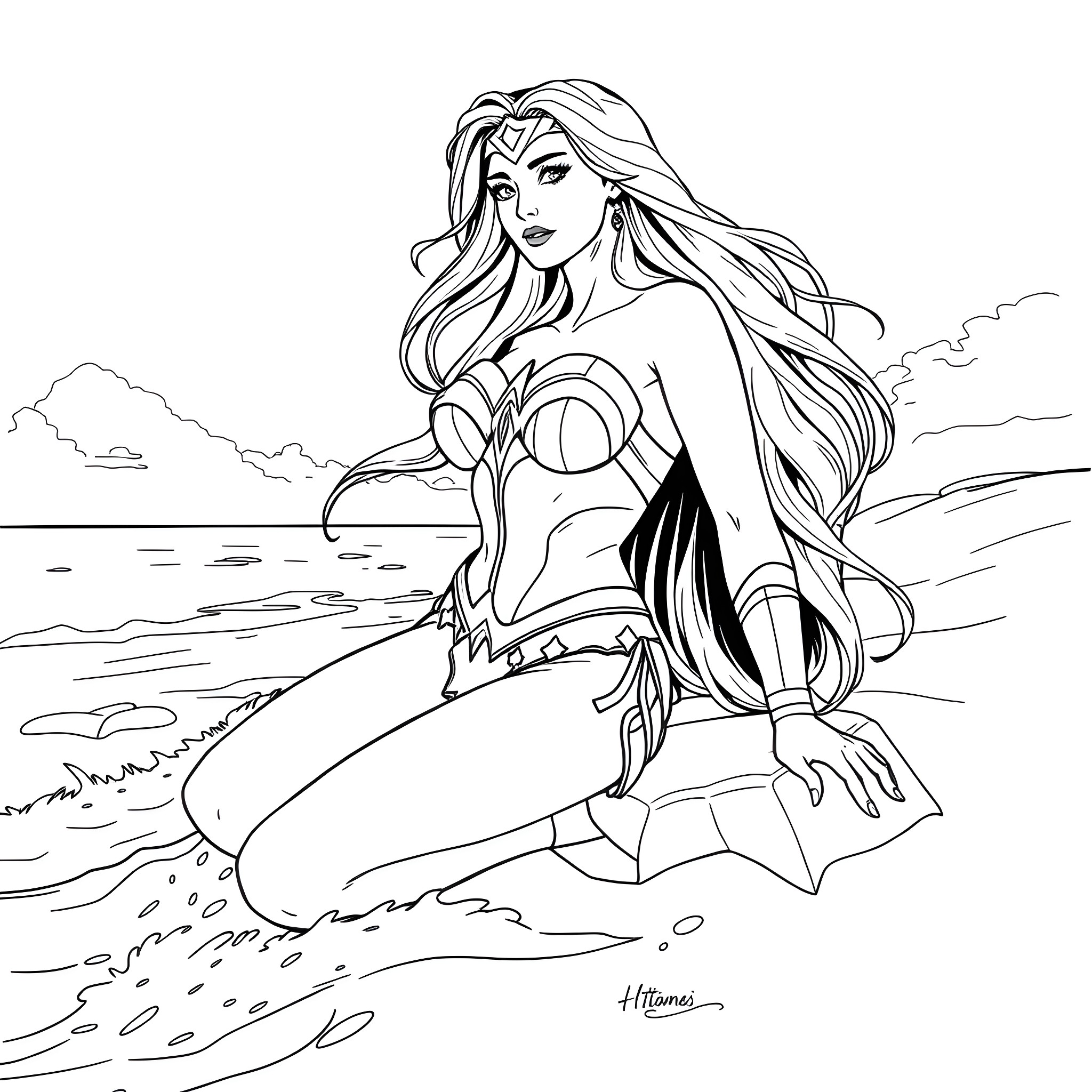 Wonder Woman heroically stands by the ocean Coloring Page (free black-and-white line drawing printable PDF for all, from beginners to advanced learners, including children, teens, adults, and seniors)
