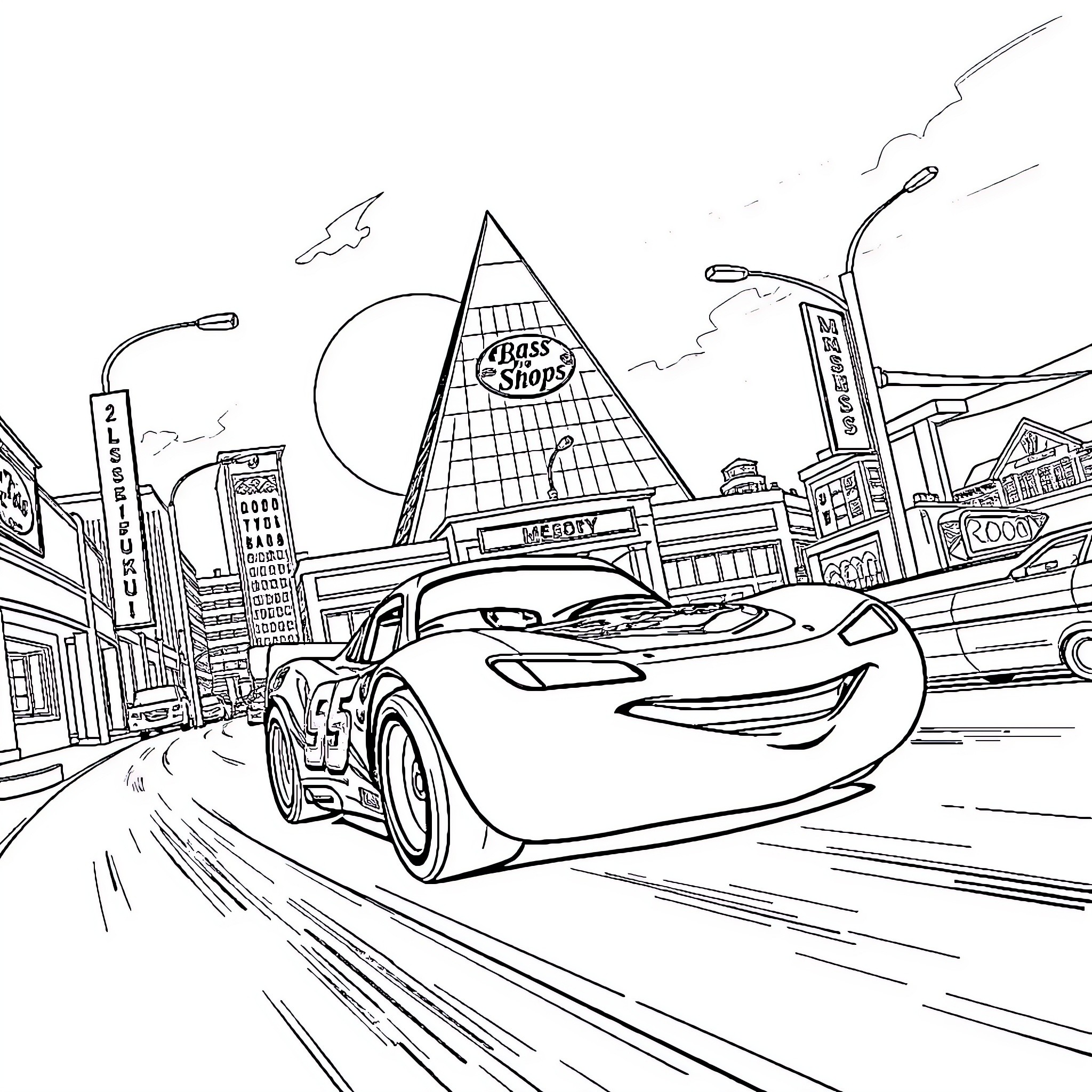 Lightning McQueen racing through the city streets Coloring Page (free black-and-white line drawing printable PDF for all, from beginners to advanced learners, including children, teens, adults, and seniors)