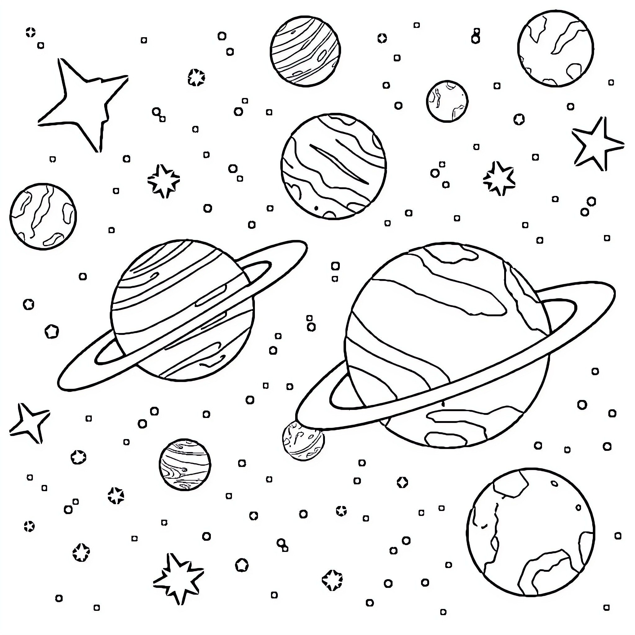 Planet Planets and Stars in the Cosmos Coloring Page (free black-and-white line drawing printable PDF for all, from beginners to advanced learners, including children, teens, adults, and seniors)