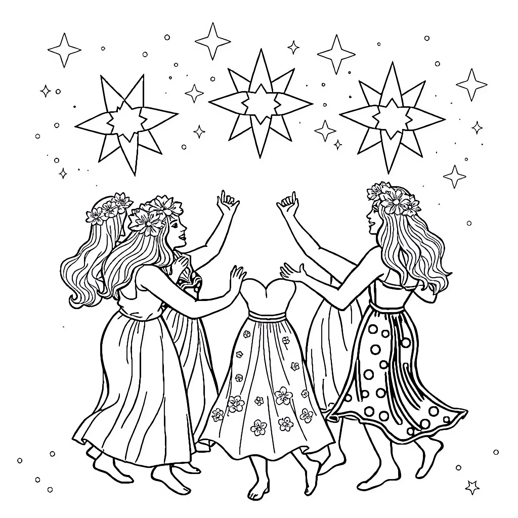 Women celebrating with joy under starry night Coloring Page (free black-and-white line drawing printable PDF for all, from beginners to advanced learners, including children, teens, adults, and seniors)