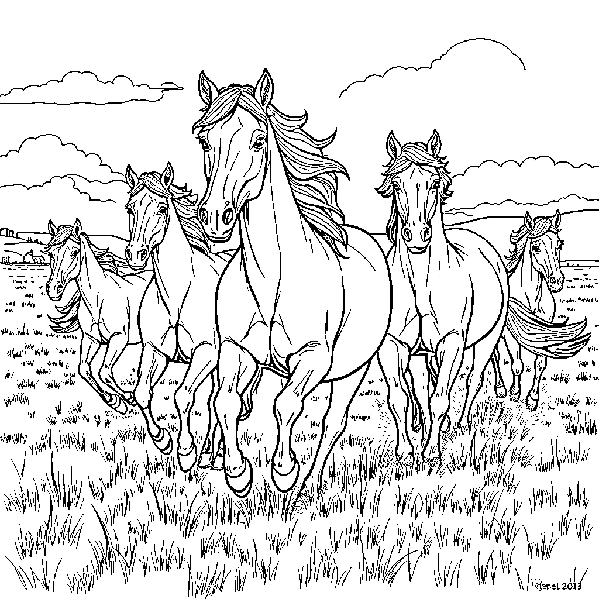 Horse Herd Galloping Through Grassy Field Coloring Page (free black-and-white line drawing printable PDF for all, from beginners to advanced learners, including children, teens, adults, and seniors)