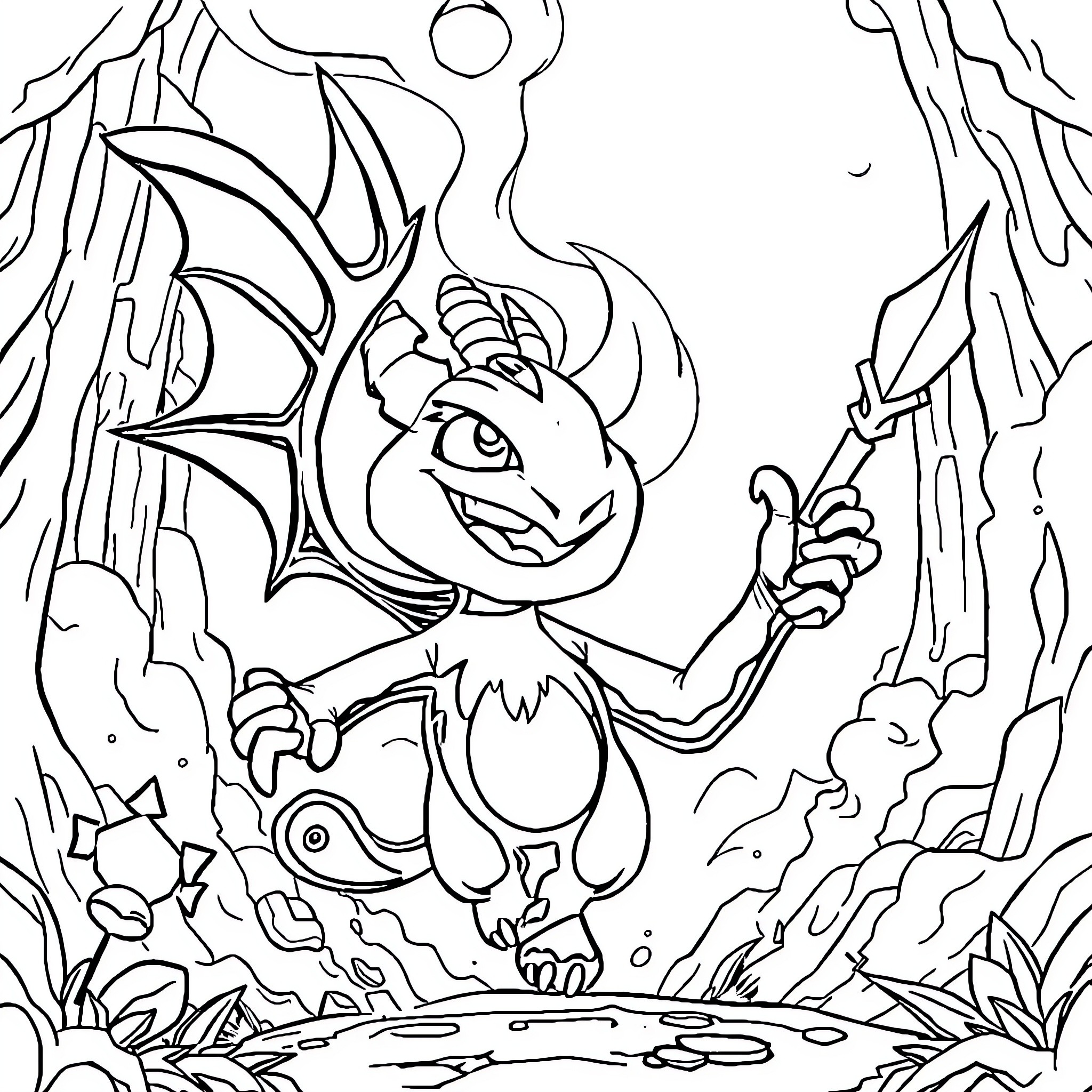 Rappelz - Creature Exploring the Mystic Landscape Coloring Page (free black-and-white line drawing printable PDF for all, from beginners to advanced learners, including children, teens, adults, and seniors)