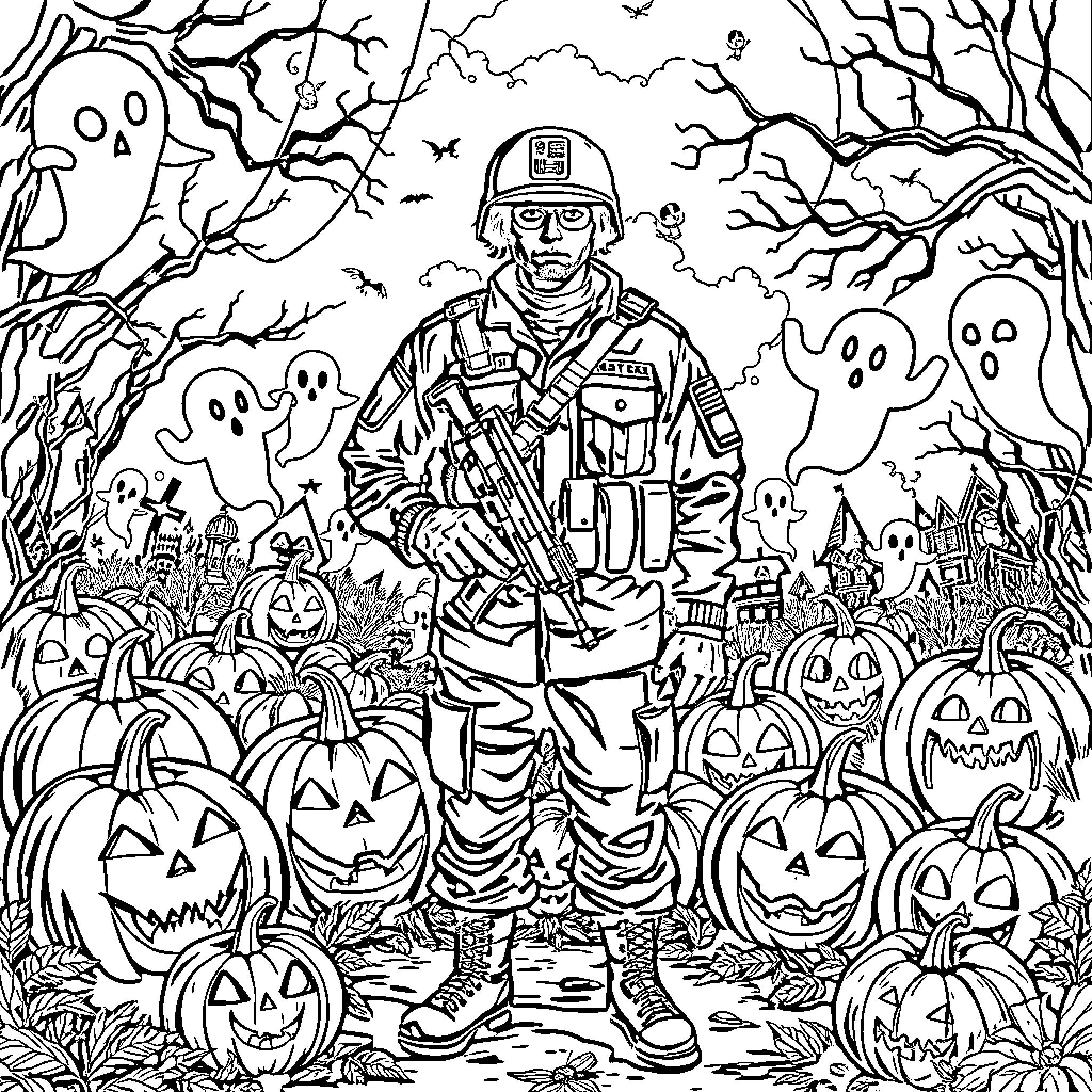 Soldier stands vigilant amidst Halloween scenery Coloring Page (free black-and-white line drawing printable PDF for all, from beginners to advanced learners, including children, teens, adults, and seniors)