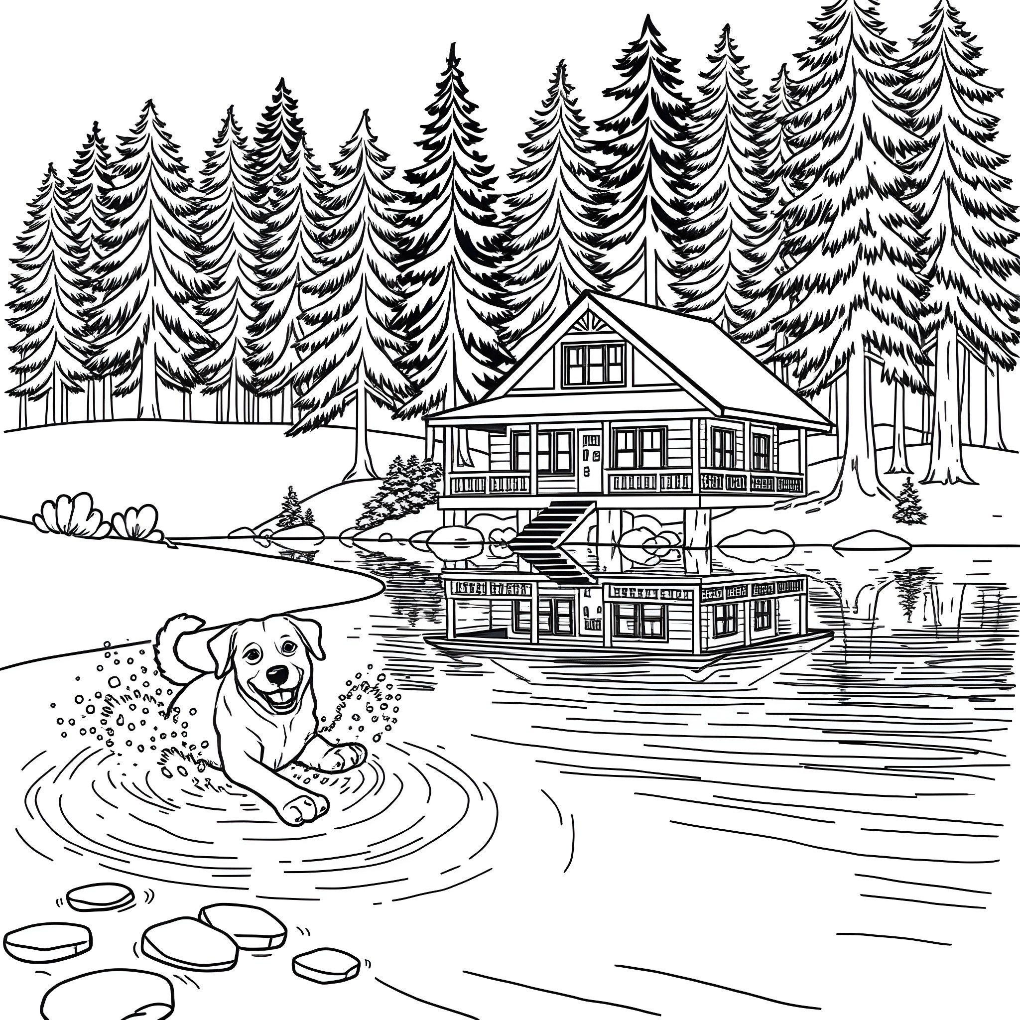Dog playing in the lake near the cabin in the woods Coloring Page (free black-and-white line drawing printable PDF for all, from beginners to advanced learners, including children, teens, adults, and seniors)