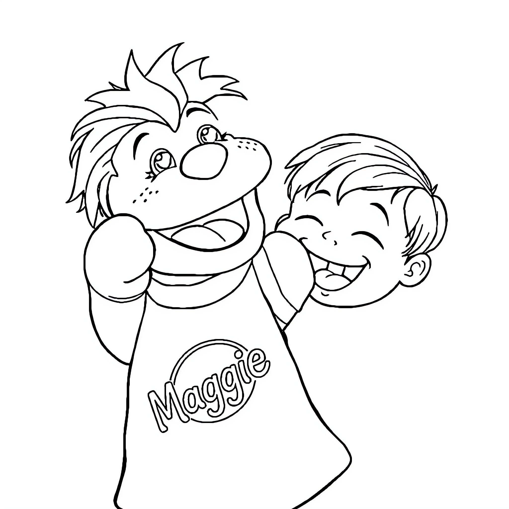 Puppet Pals Sharing a Laugh and Embrace Coloring Page (free black-and-white line drawing printable PDF for all, from beginners to advanced learners, including children, teens, adults, and seniors)