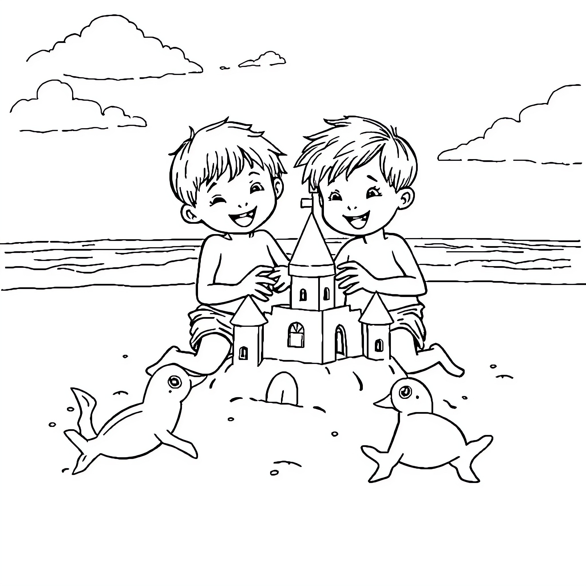 Children building sand castle on the beach Coloring Page (free black-and-white line drawing printable PDF for all, from beginners to advanced learners, including children, teens, adults, and seniors)