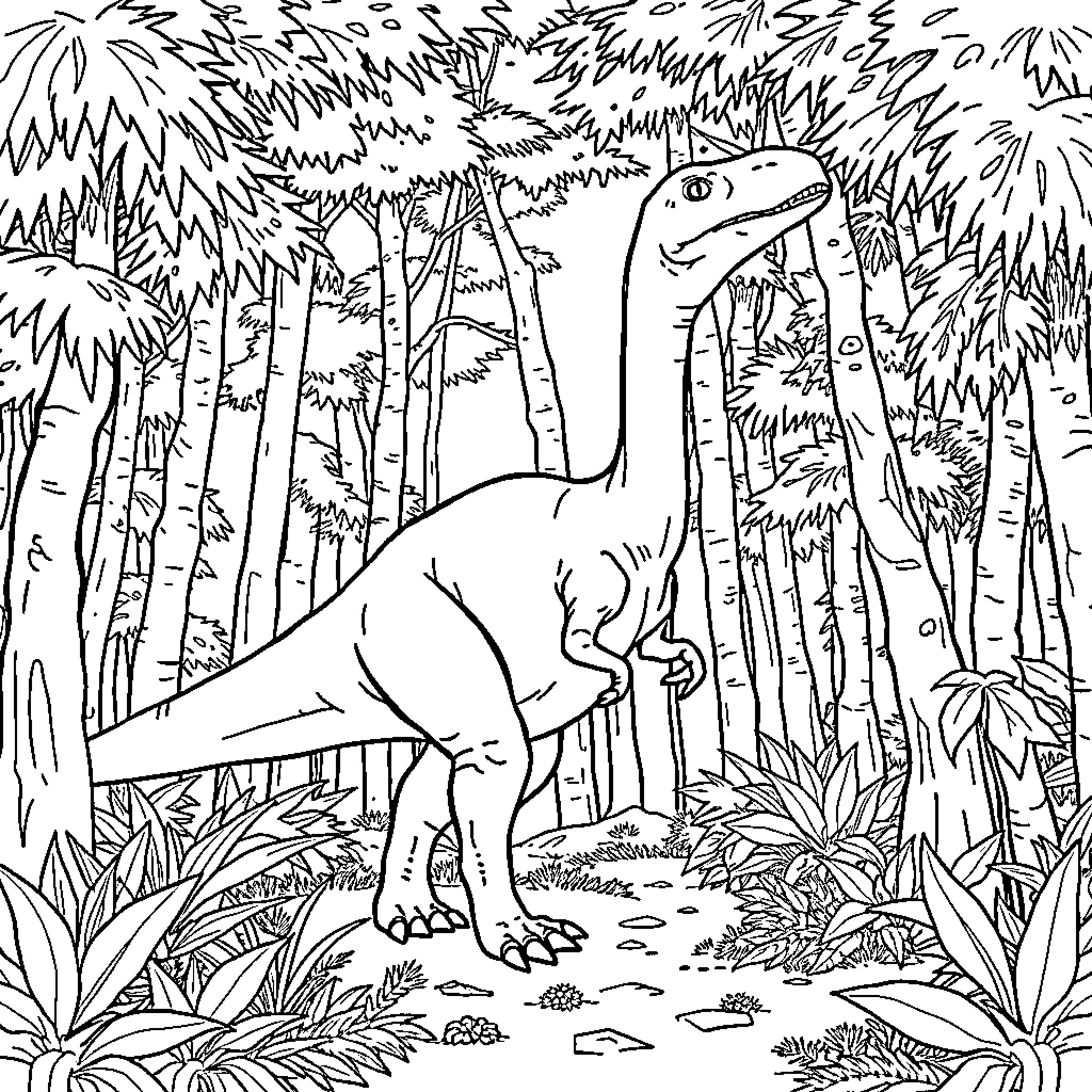 Dinosaur exploring the lush prehistoric forest Coloring Page (free black-and-white line drawing printable PDF for all, from beginners to advanced learners, including children, teens, adults, and seniors)