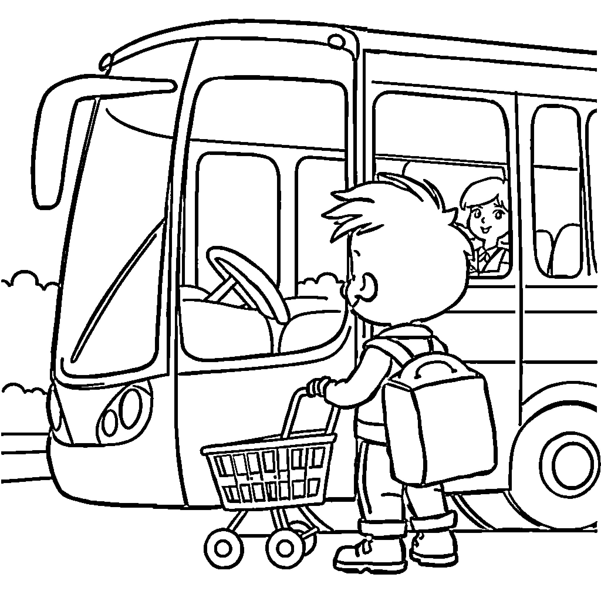 Garçon riding a bus and pushing a shopping cart Coloring Page (free black-and-white line drawing printable PDF for all, from beginners to advanced learners, including children, teens, adults, and seniors)