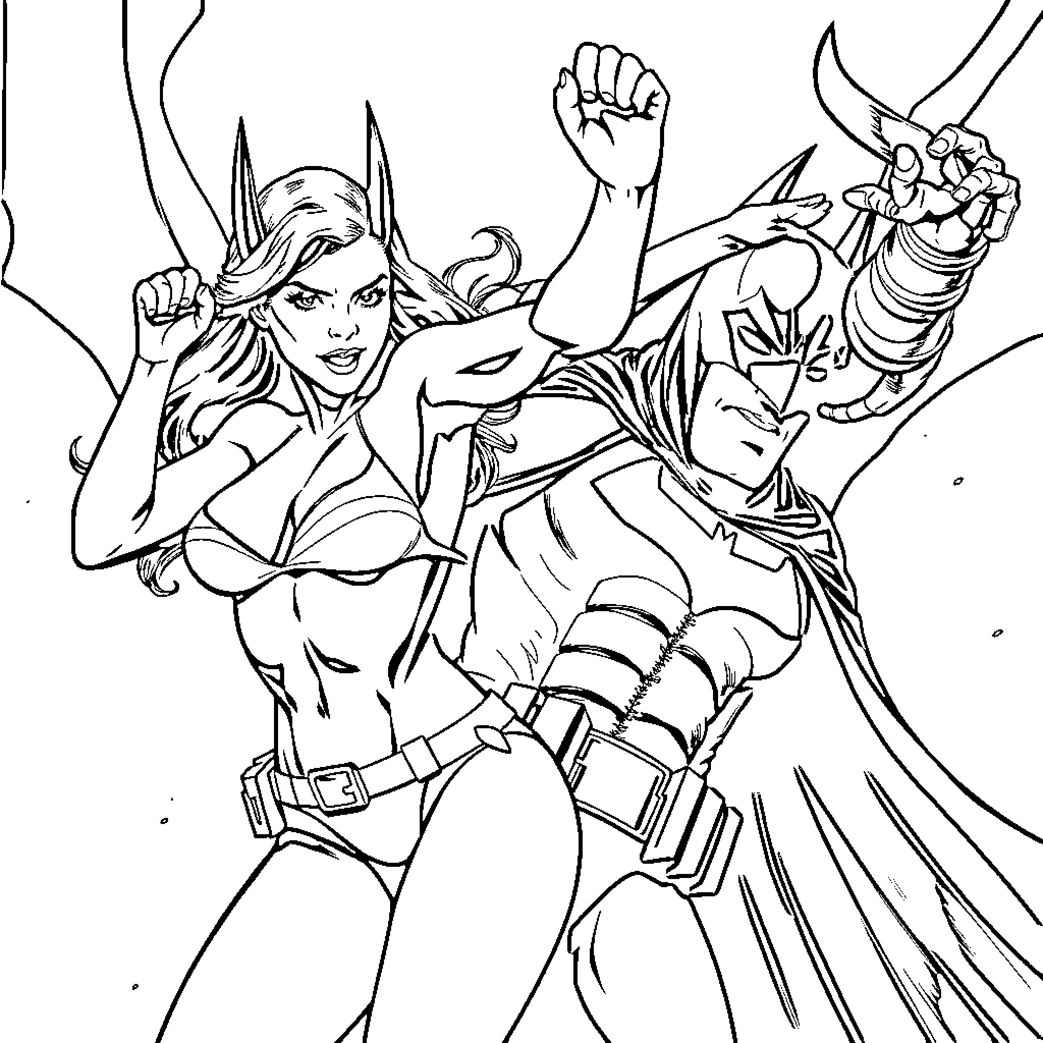 Scarlett Johansson as a heroic action figure Coloring Page (free black-and-white line drawing printable PDF for all, from beginners to advanced learners, including children, teens, adults, and seniors)