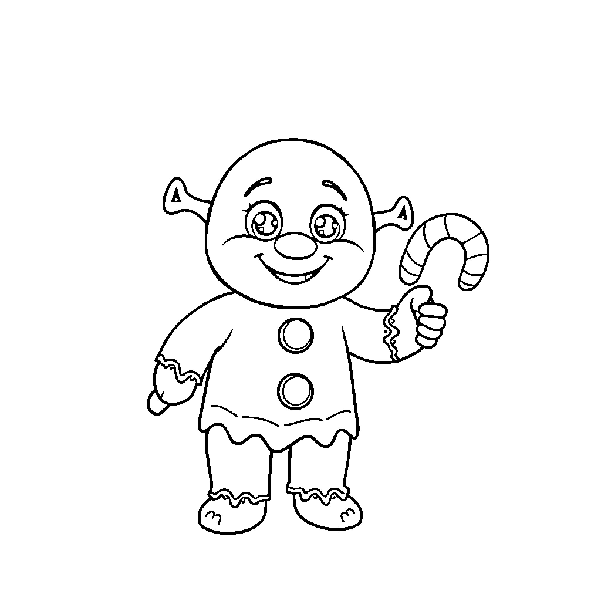 Gingy the Cheerful Gingerbread Man Coloring Page (free black-and-white line drawing printable PDF for all, from beginners to advanced learners, including children, teens, adults, and seniors)