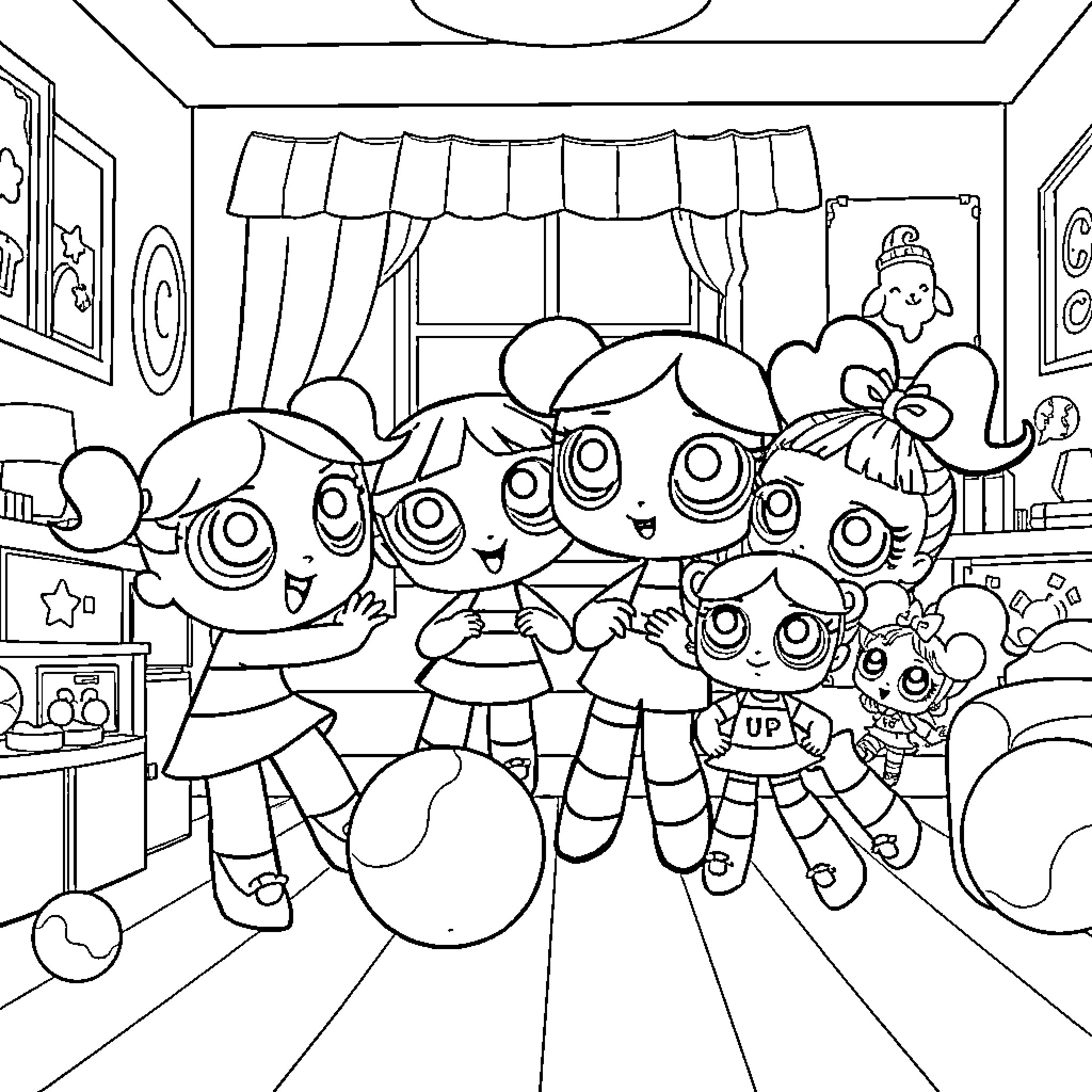 Powerpuff Girls having fun in a room Coloring Page (free black-and-white line drawing printable PDF for all, from beginners to advanced learners, including children, teens, adults, and seniors)