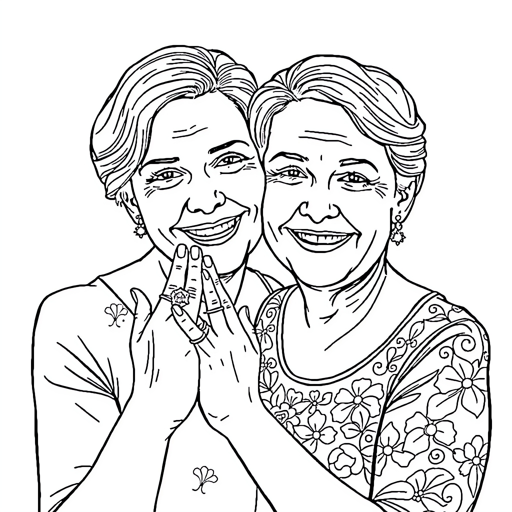 Engagement of two smiling senior women Coloring Page (free black-and-white line drawing printable PDF for all, from beginners to advanced learners, including children, teens, adults, and seniors)