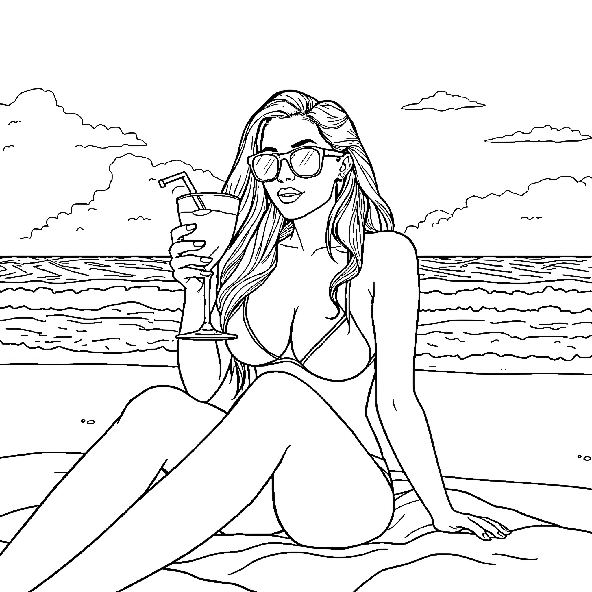 Megan Fox enjoying a refreshing drink on the beach Coloring Page (free black-and-white line drawing printable PDF for all, from beginners to advanced learners, including children, teens, adults, and seniors)