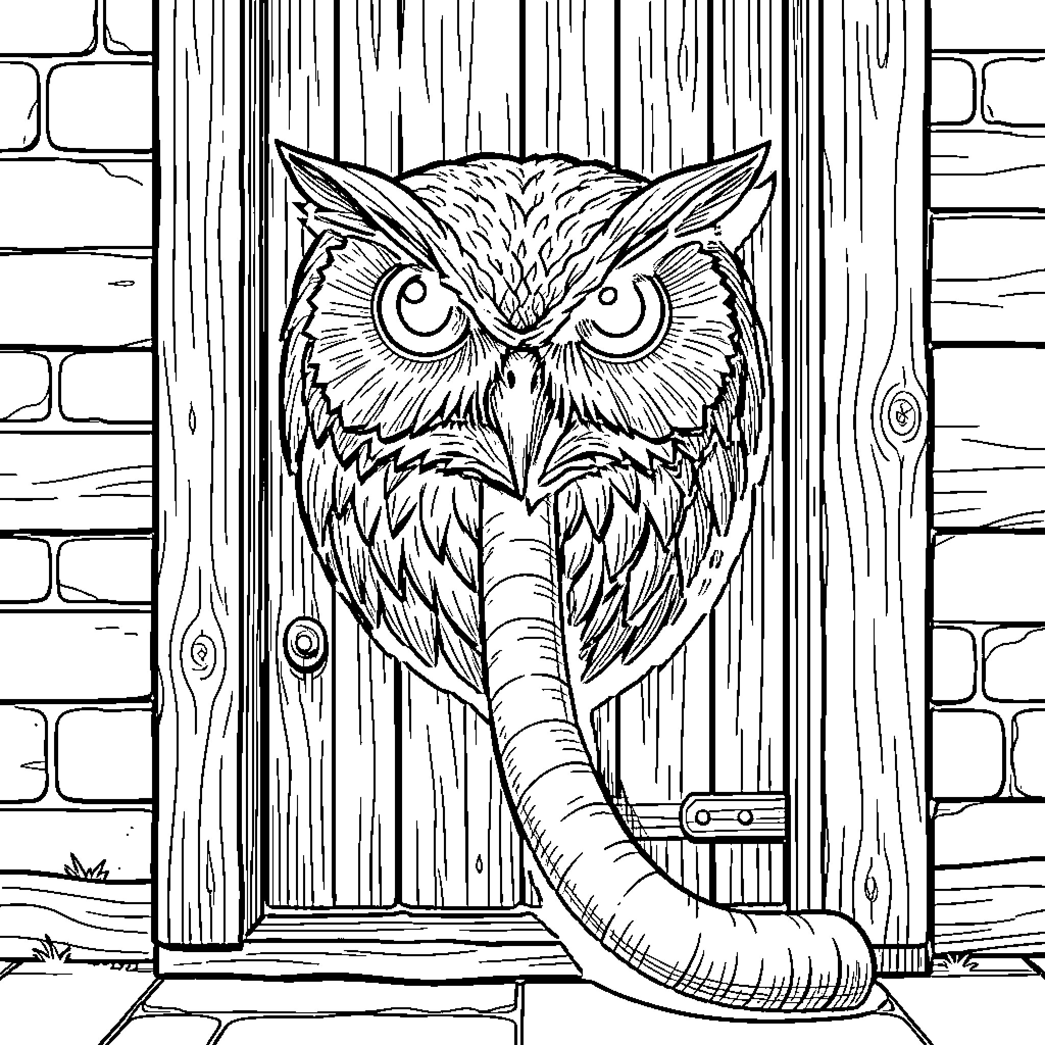 Owl peeking through wooden door Coloring Page (free black-and-white line drawing printable PDF for all, from beginners to advanced learners, including children, teens, adults, and seniors)
