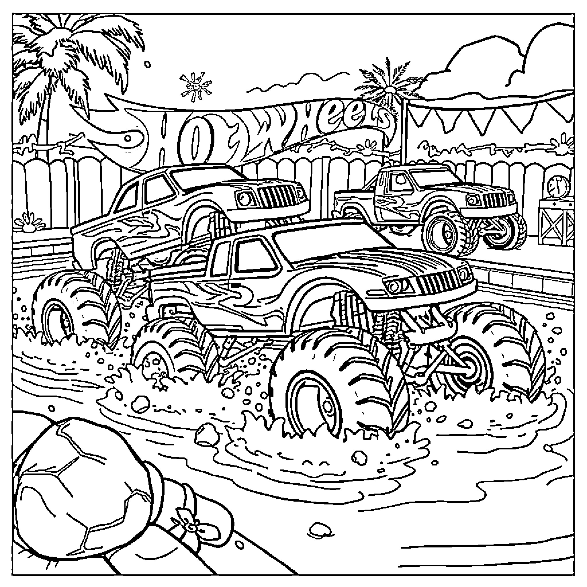 Monster Trucks Doing Stunts in Muddy Arena Coloring Page (free black-and-white line drawing printable PDF for all, from beginners to advanced learners, including children, teens, adults, and seniors)
