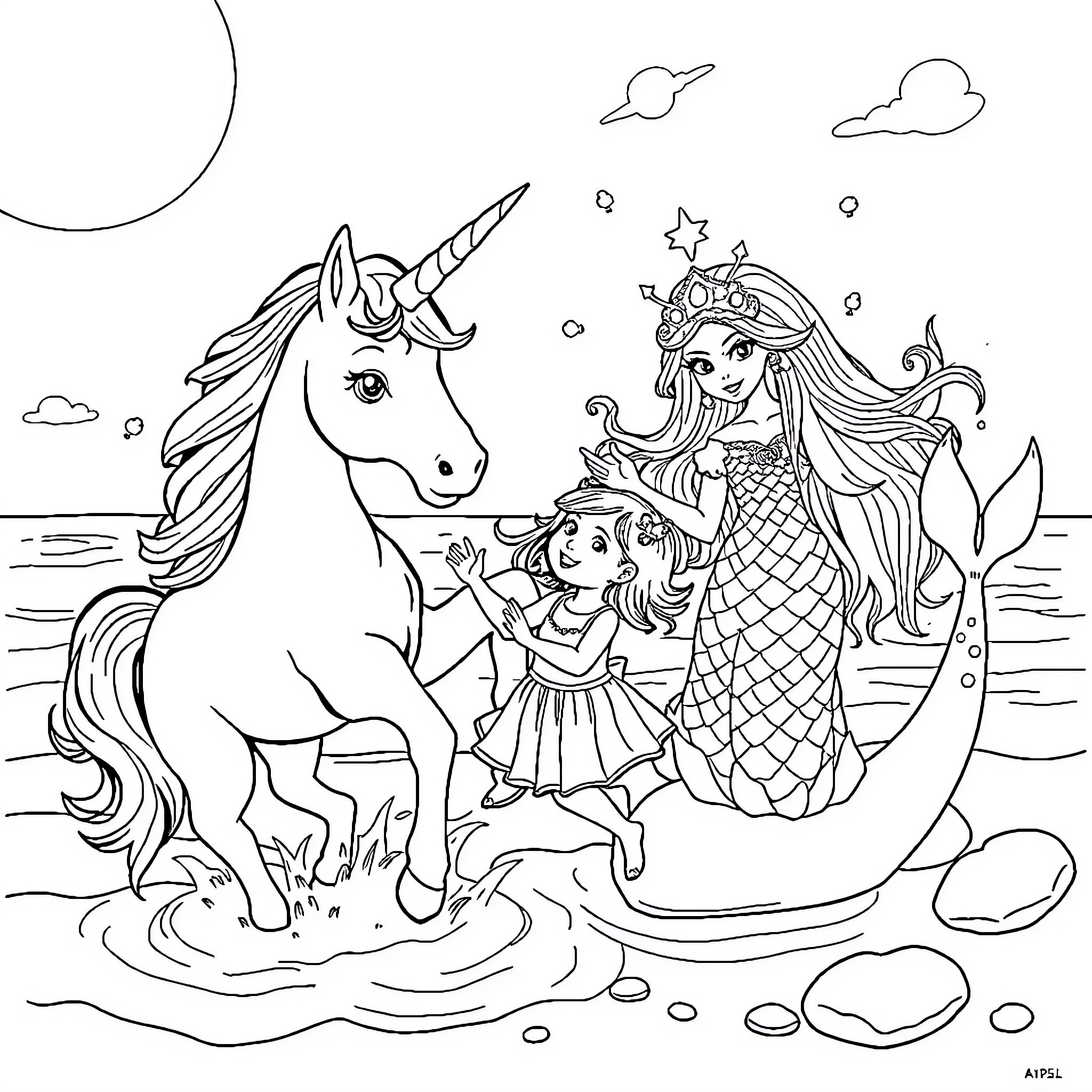 Unicorn Enchantment with Mermaid and Child Coloring Page (free black-and-white line drawing printable PDF for all, from beginners to advanced learners, including children, teens, adults, and seniors)