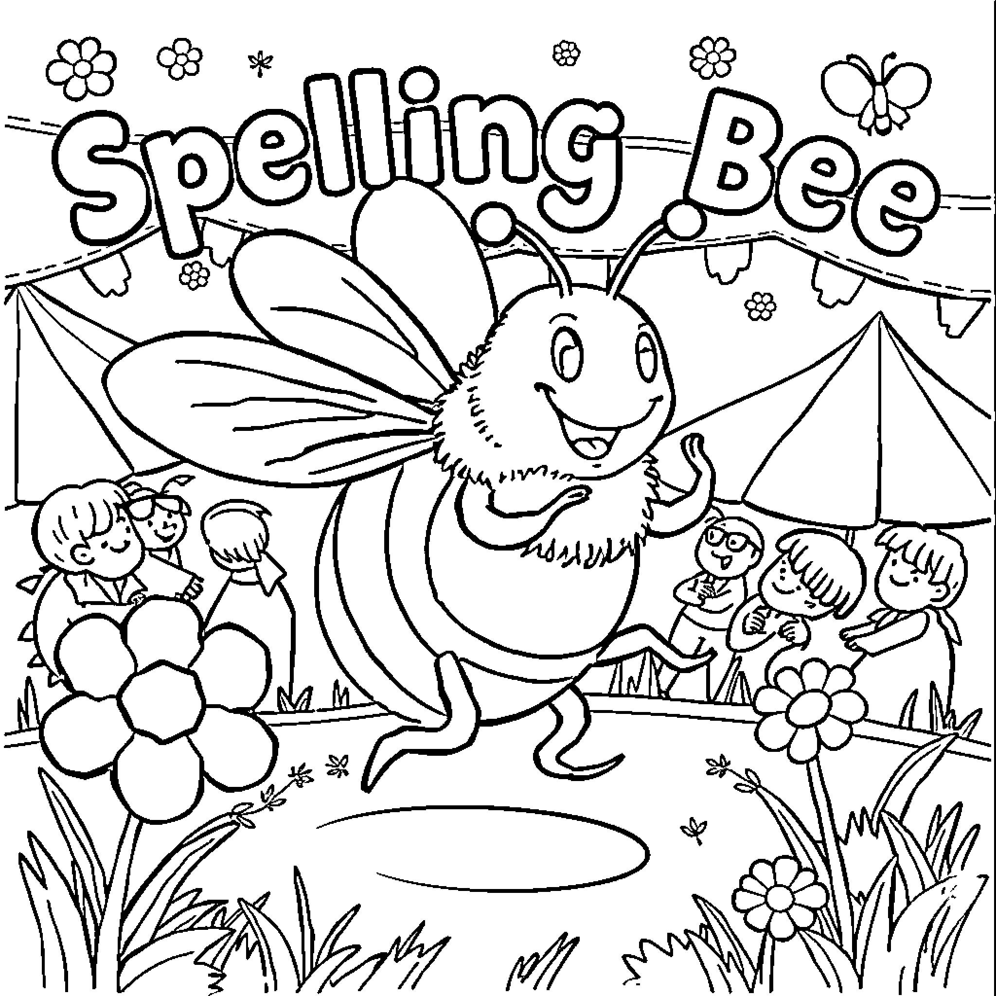 Bumble Bee Spelling Game with Cheerful Campers Coloring Page (free black-and-white line drawing printable PDF for all, from beginners to advanced learners, including children, teens, adults, and seniors)