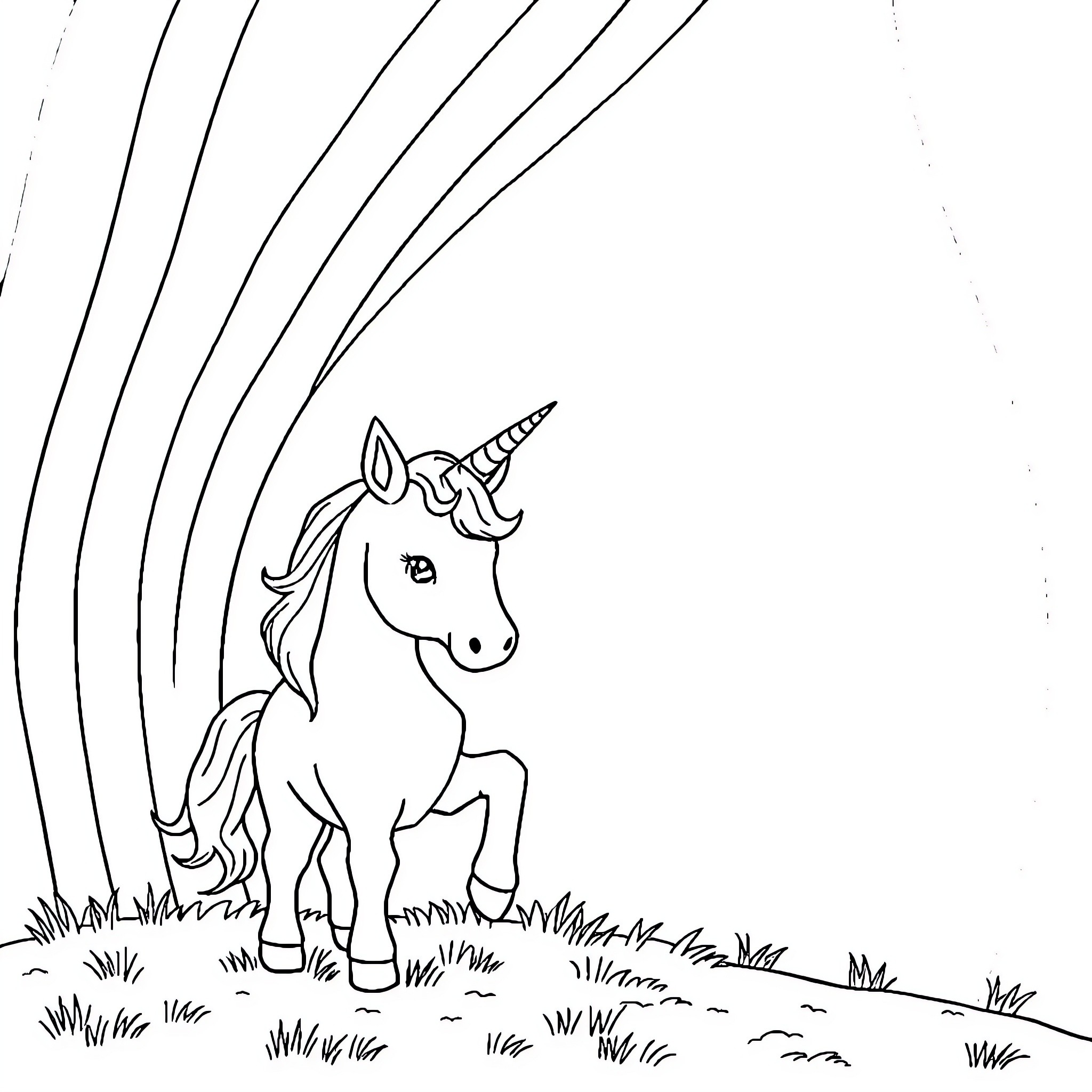 Unicorn standing in a field with rainbow background Coloring Page (free black-and-white line drawing printable PDF for all, from beginners to advanced learners, including children, teens, adults, and seniors)