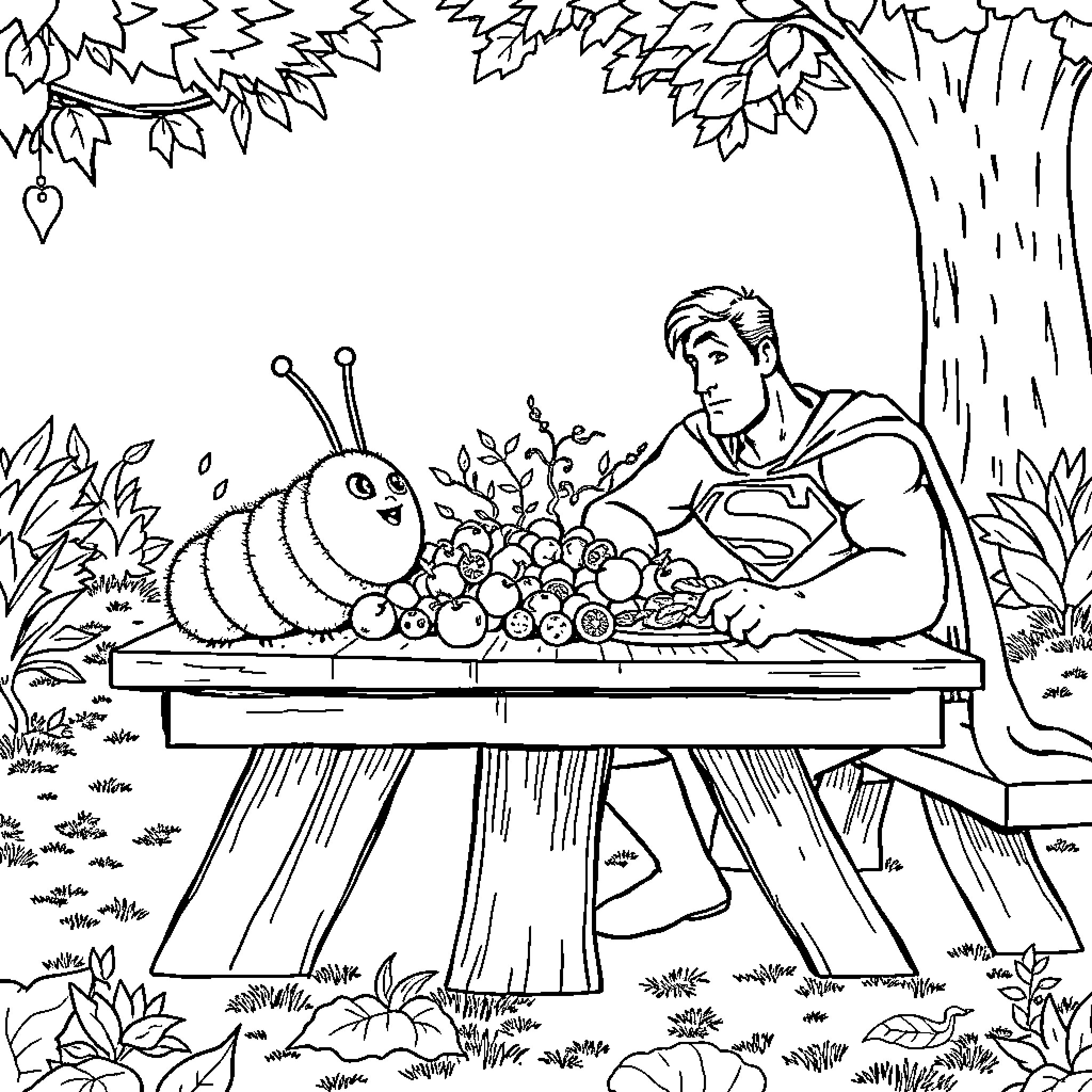 Superman helping a friendly caterpillar collect fruits Coloring Page (free black-and-white line drawing printable PDF for all, from beginners to advanced learners, including children, teens, adults, and seniors)