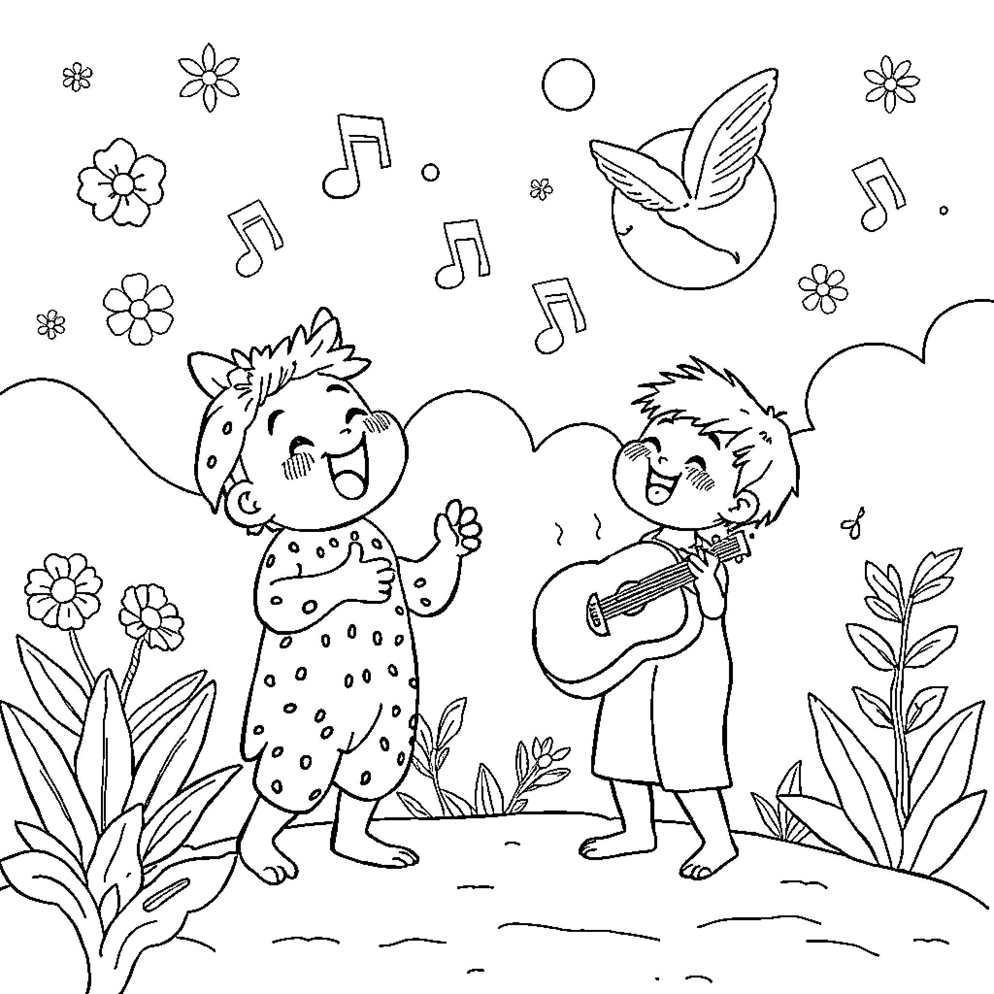 Tralalero's Joyful Music in the Enchanted Garden Coloring Page (free black-and-white line drawing printable PDF for all, from beginners to advanced learners, including children, teens, adults, and seniors)