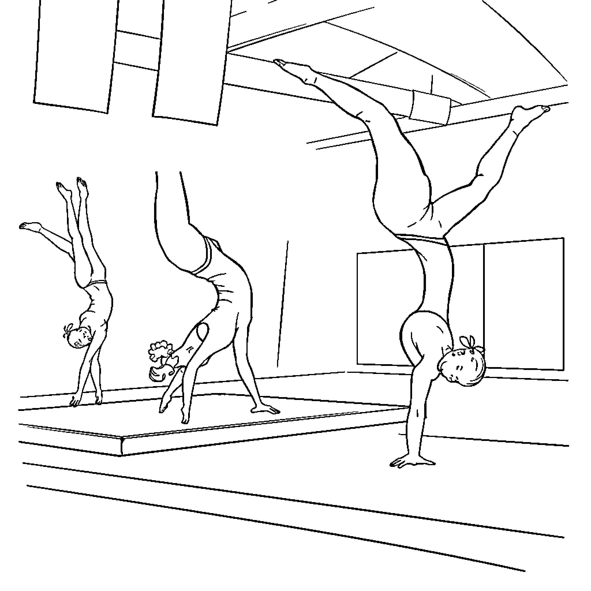 Gymnasts performing acrobatic routines in a gym Coloring Page (free black-and-white line drawing printable PDF for all, from beginners to advanced learners, including children, teens, adults, and seniors)