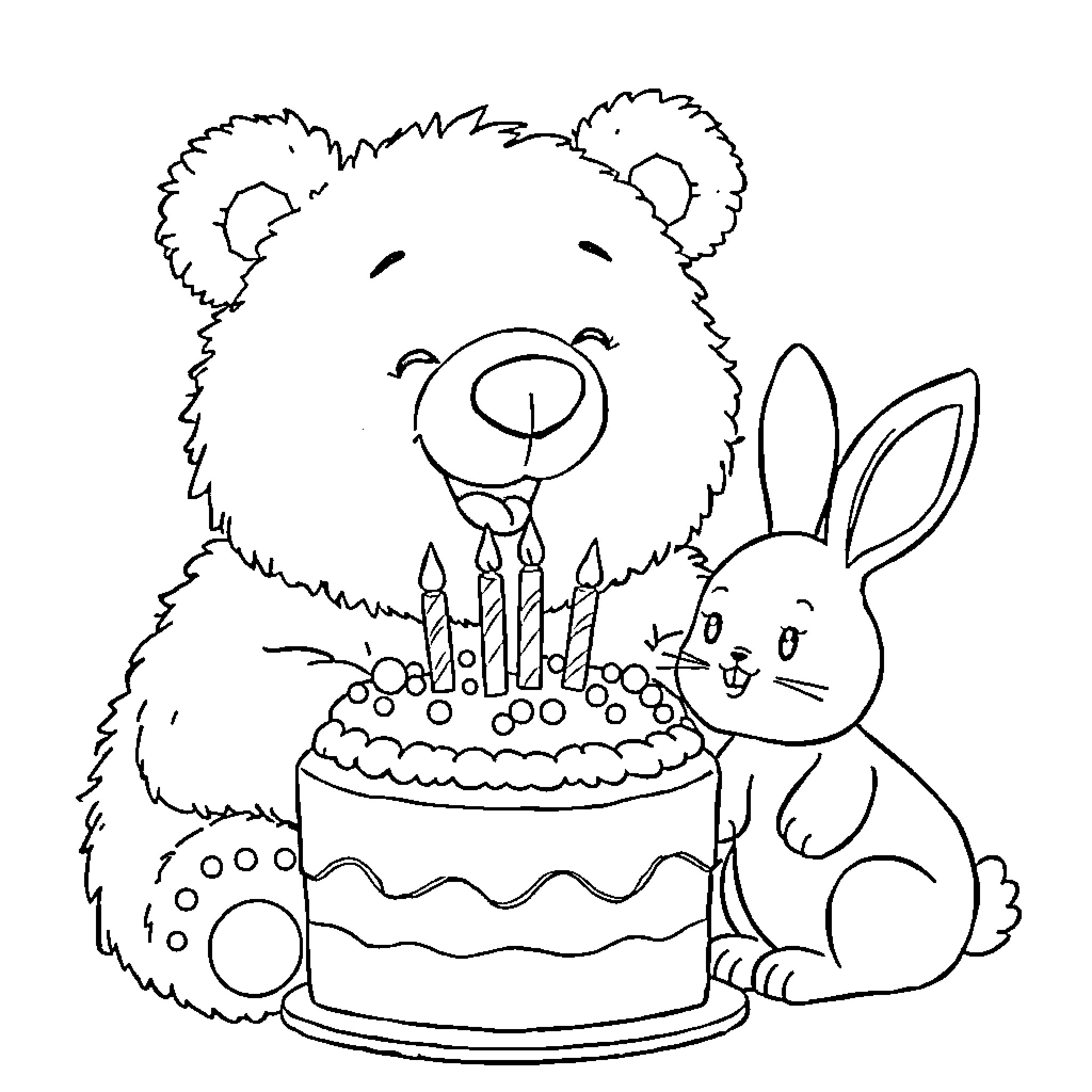 Bear celebrating birthday with rabbit friend Coloring Page (free black-and-white line drawing printable PDF for all, from beginners to advanced learners, including children, teens, adults, and seniors)