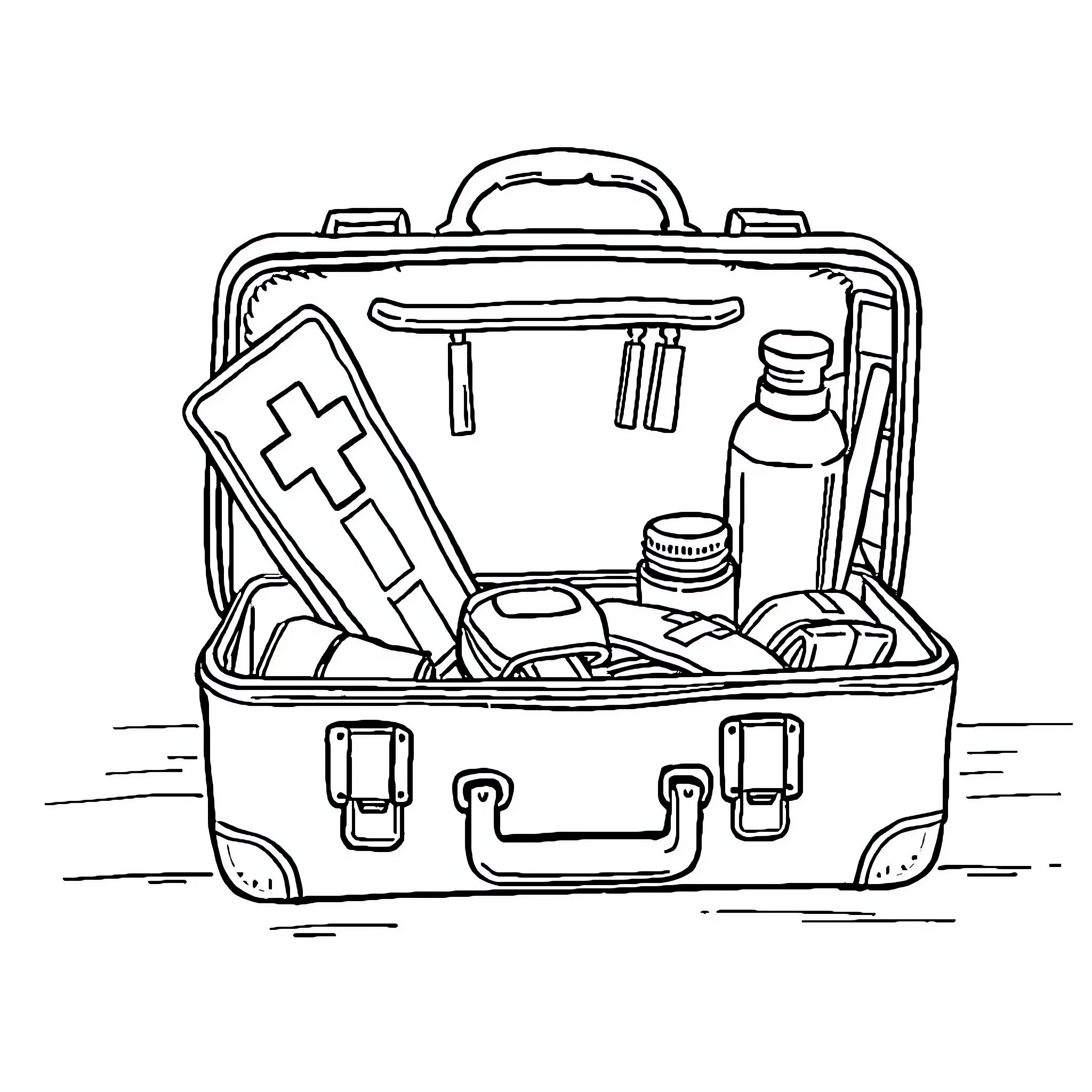 First Aid Equipment Ready for Emergency Response Coloring Page (free black-and-white line drawing printable PDF for all, from beginners to advanced learners, including children, teens, adults, and seniors)