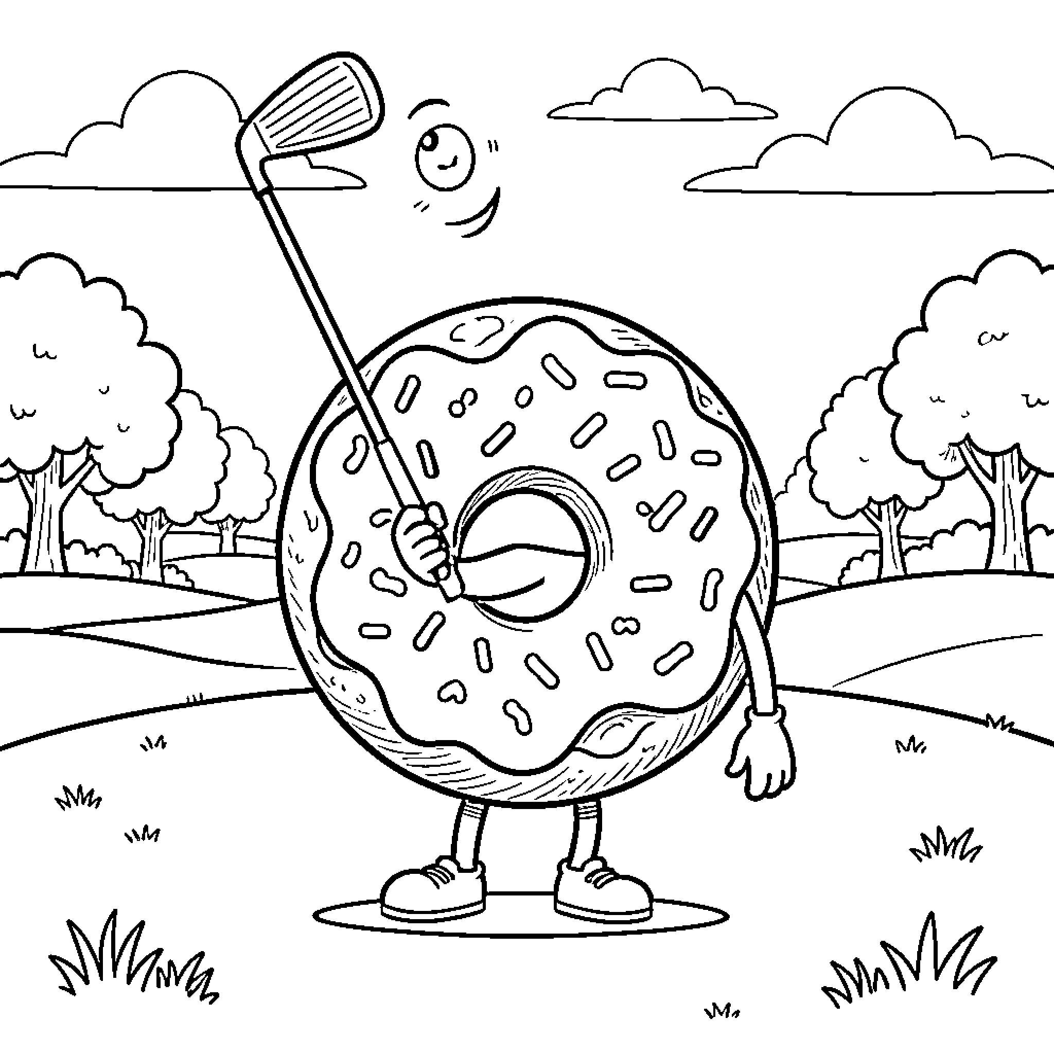 Bagel character playing golf in the park Coloring Page (free black-and-white line drawing printable PDF for all, from beginners to advanced learners, including children, teens, adults, and seniors)