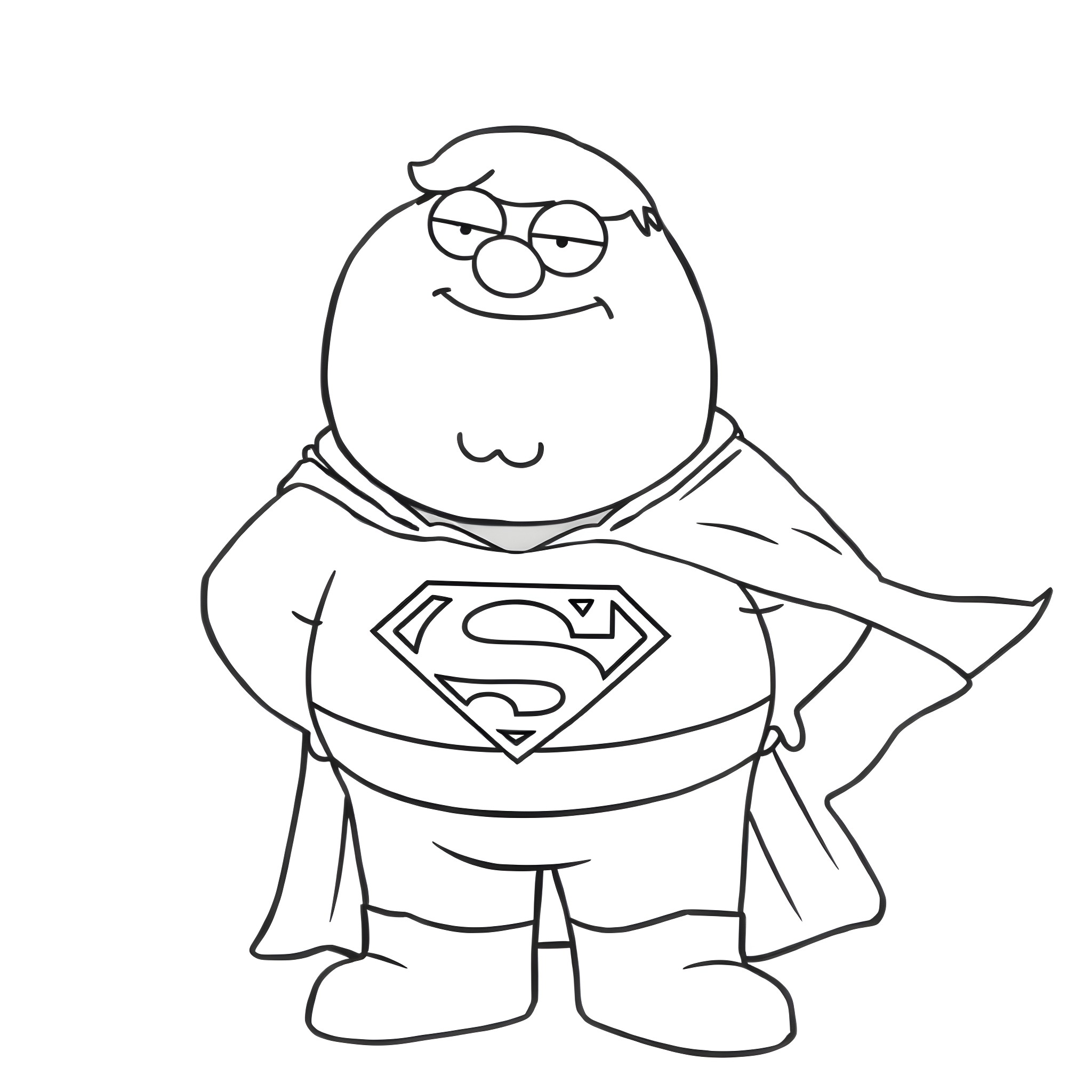 Peter Griffin as Superman in iconic pose Coloring Page (free black-and-white line drawing printable PDF for all, from beginners to advanced learners, including children, teens, adults, and seniors)