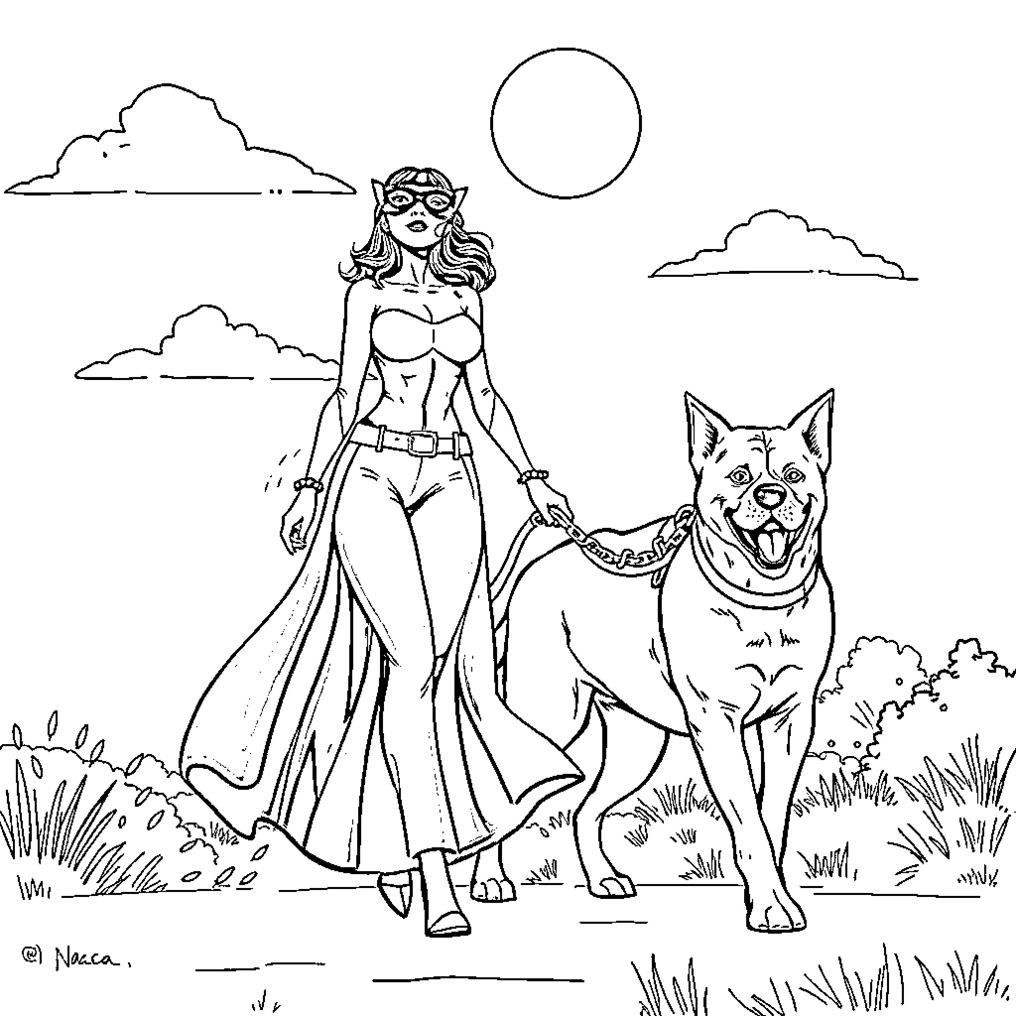 Catwoman exploring the wilderness with her loyal companion Coloring Page (free black-and-white line drawing printable PDF for all, from beginners to advanced learners, including children, teens, adults, and seniors)