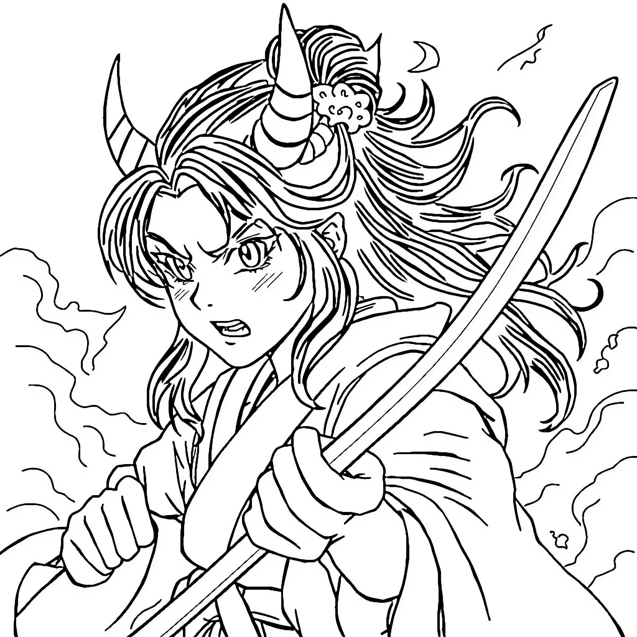 Nezuko wielding sword with determination Coloring Page (free black-and-white line drawing printable PDF for all, from beginners to advanced learners, including children, teens, adults, and seniors)