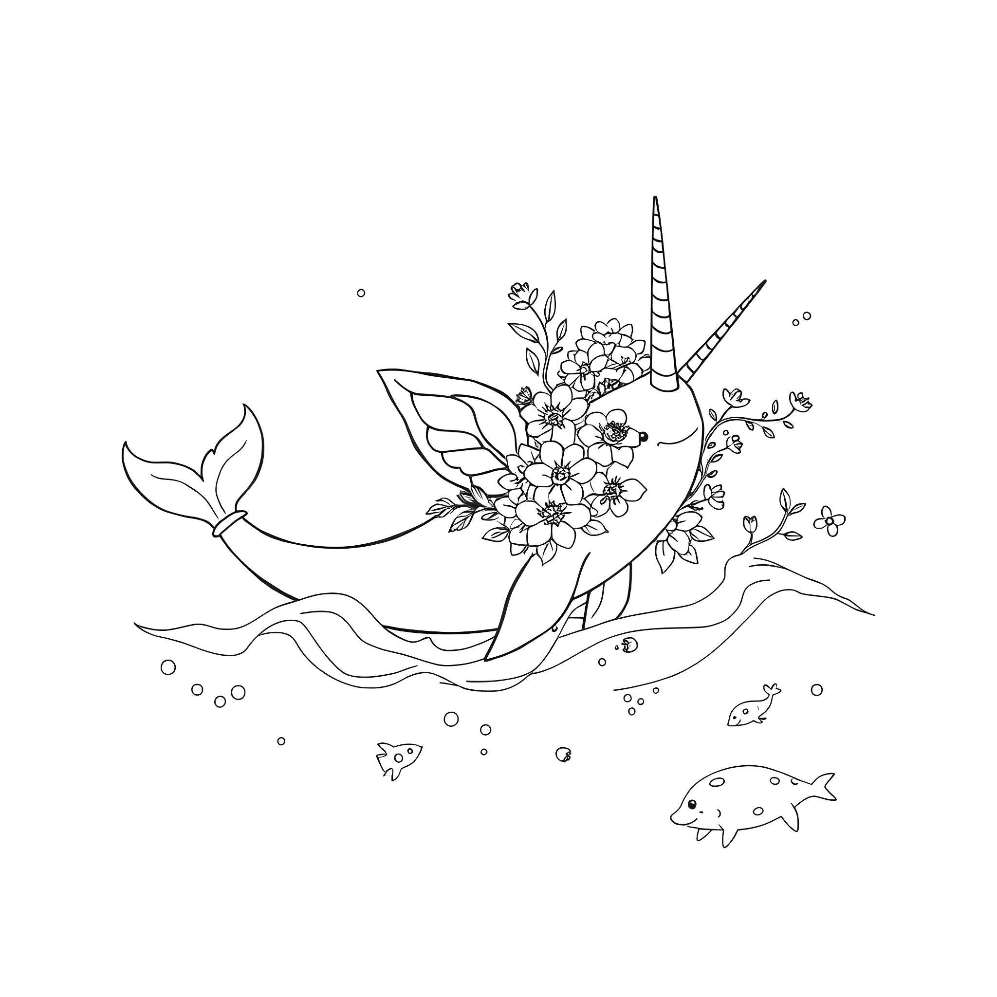 Narwal swimming with floral elements Coloring Page (free black-and-white line drawing printable PDF for all, from beginners to advanced learners, including children, teens, adults, and seniors)
