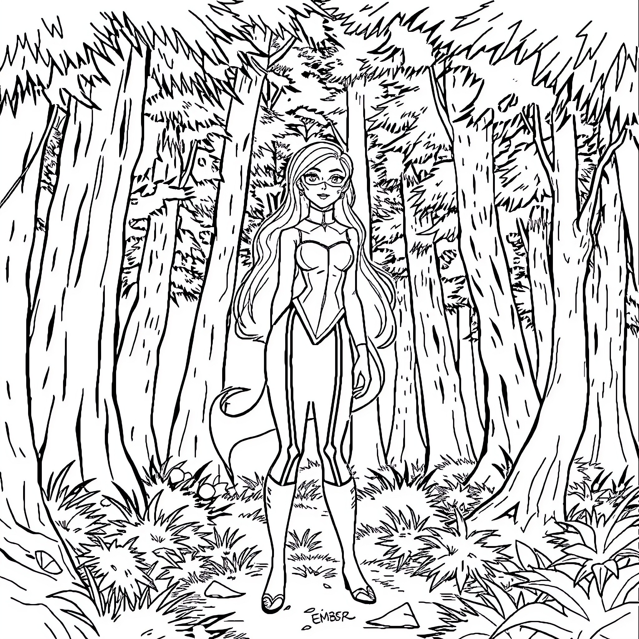 Ember Exploring the Enchanted Forest Coloring Page (free black-and-white line drawing printable PDF for all, from beginners to advanced learners, including children, teens, adults, and seniors)
