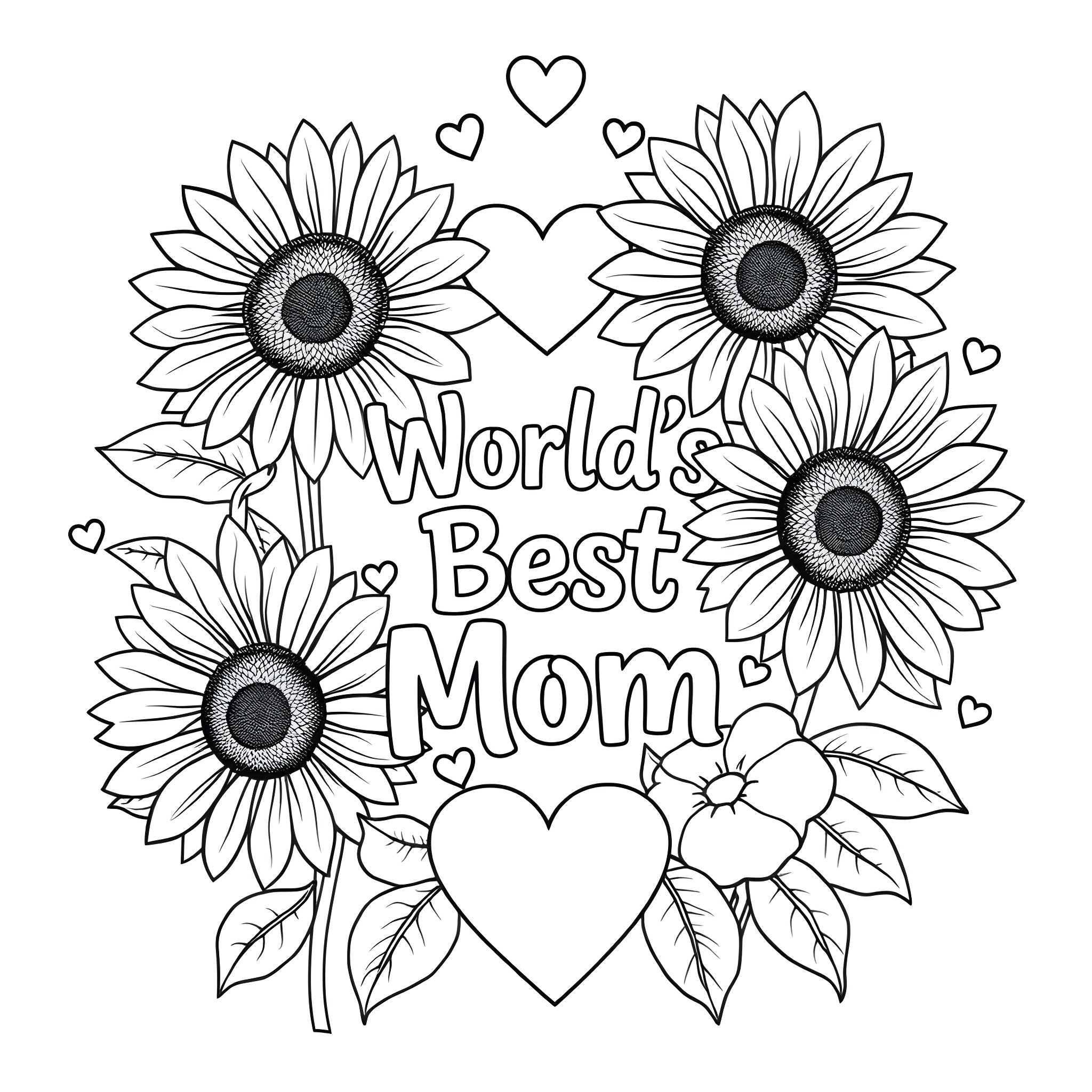 Sunflowers and Hearts for World's Best Mom Coloring Page (free black-and-white line drawing printable PDF for all, from beginners to advanced learners, including children, teens, adults, and seniors)