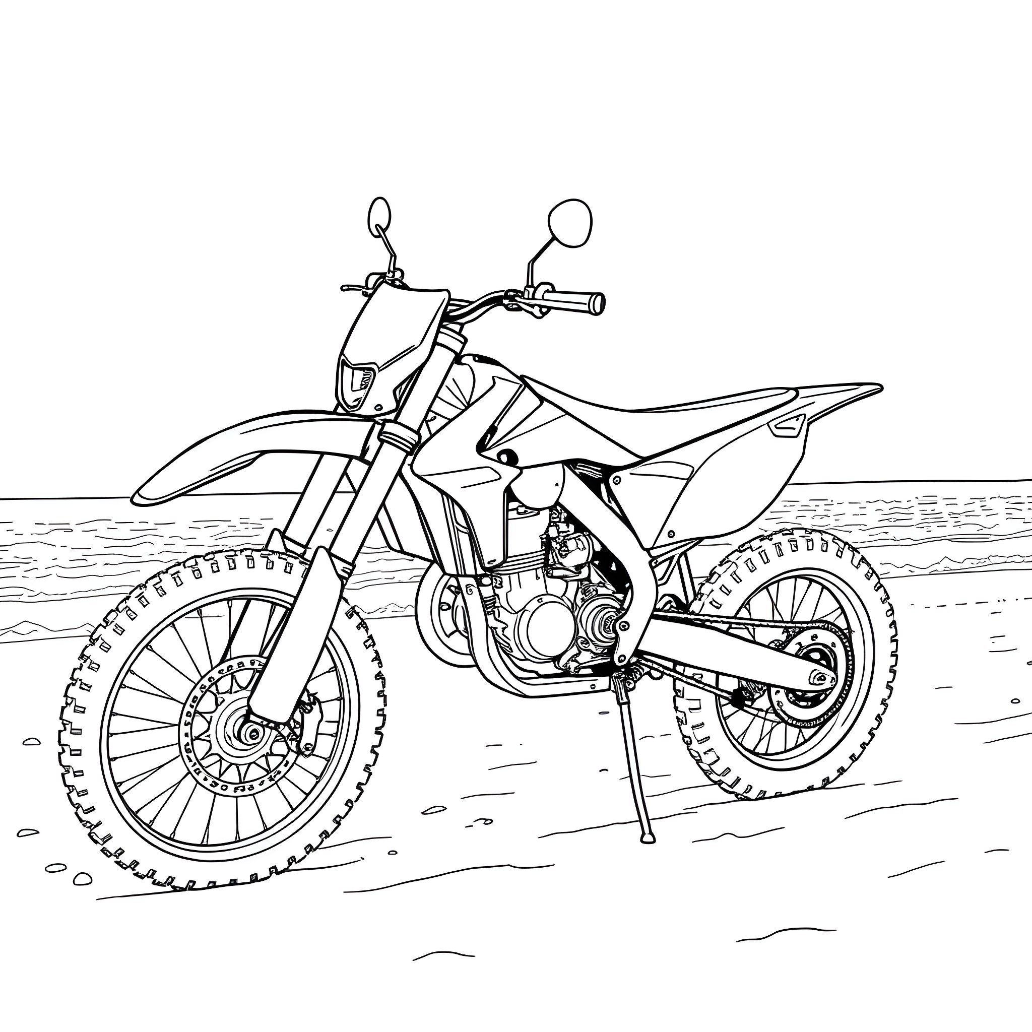 Motocross Bike Racing Across the Terrain Coloring Page (free black-and-white line drawing printable PDF for all, from beginners to advanced learners, including children, teens, adults, and seniors)