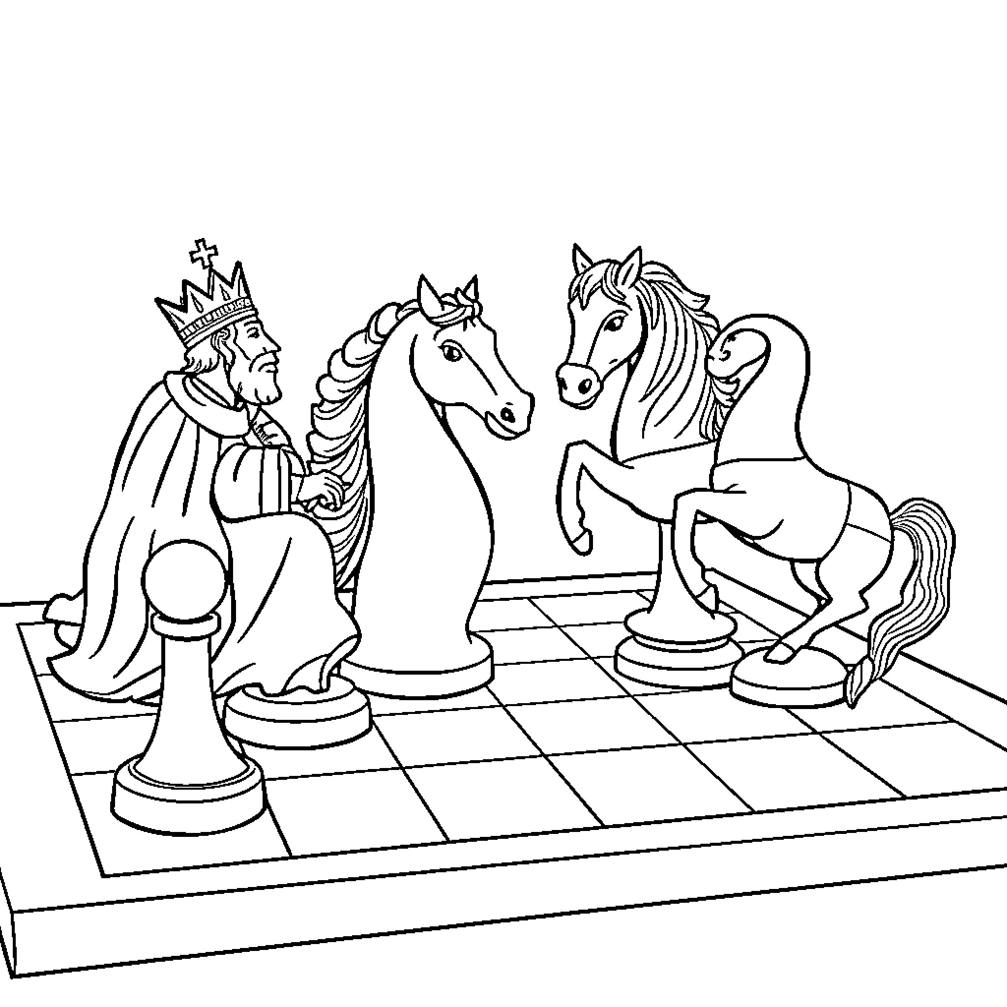 Ajedrez - Kings and Horses Playing on Chessboard Coloring Page (free black-and-white line drawing printable PDF for all, from beginners to advanced learners, including children, teens, adults, and seniors)